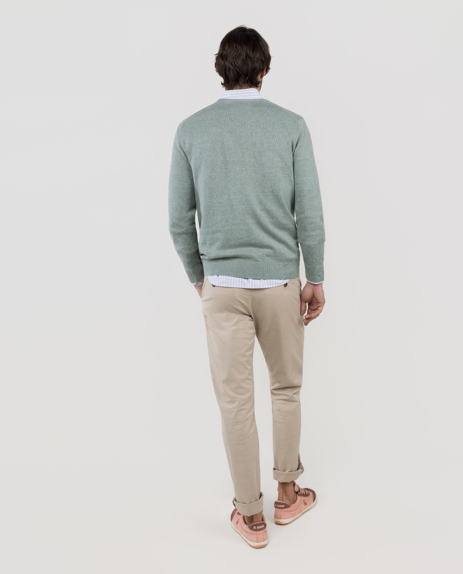 Camisola com Gola em V Lisa Verde-menta-4