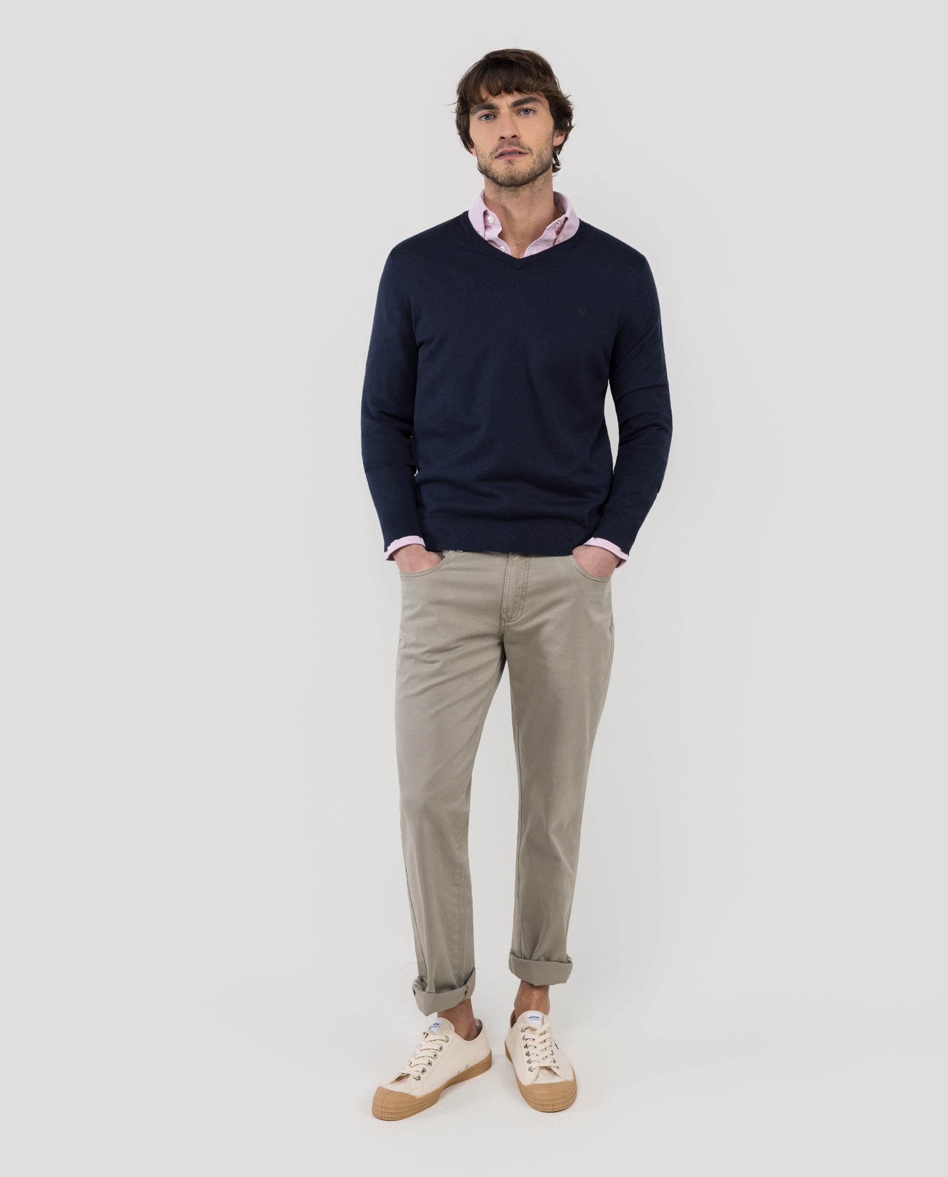 Camisola com Gola em V Lisa Azul-marinho-2