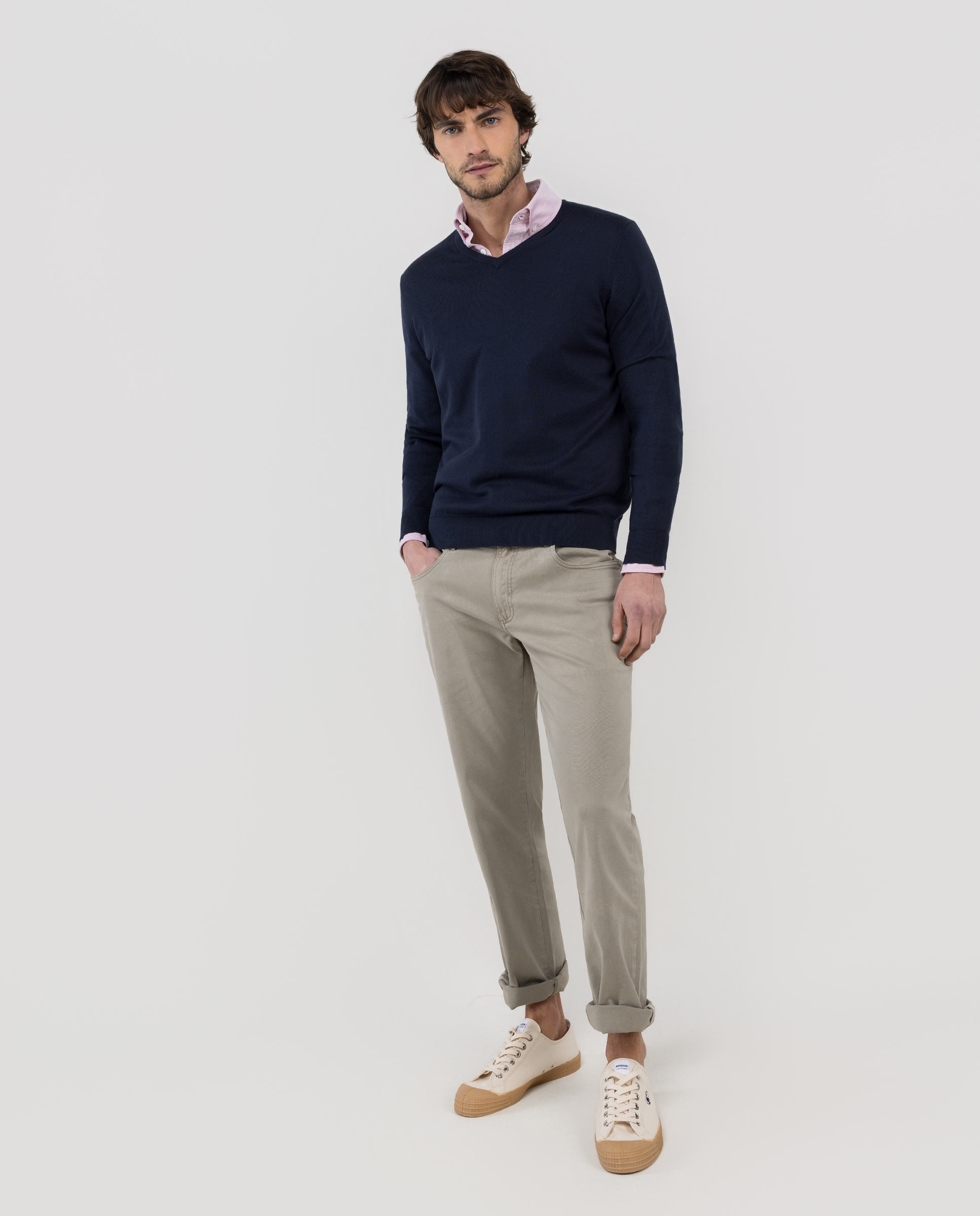 Camisola com Gola em V Lisa Azul-marinho-3