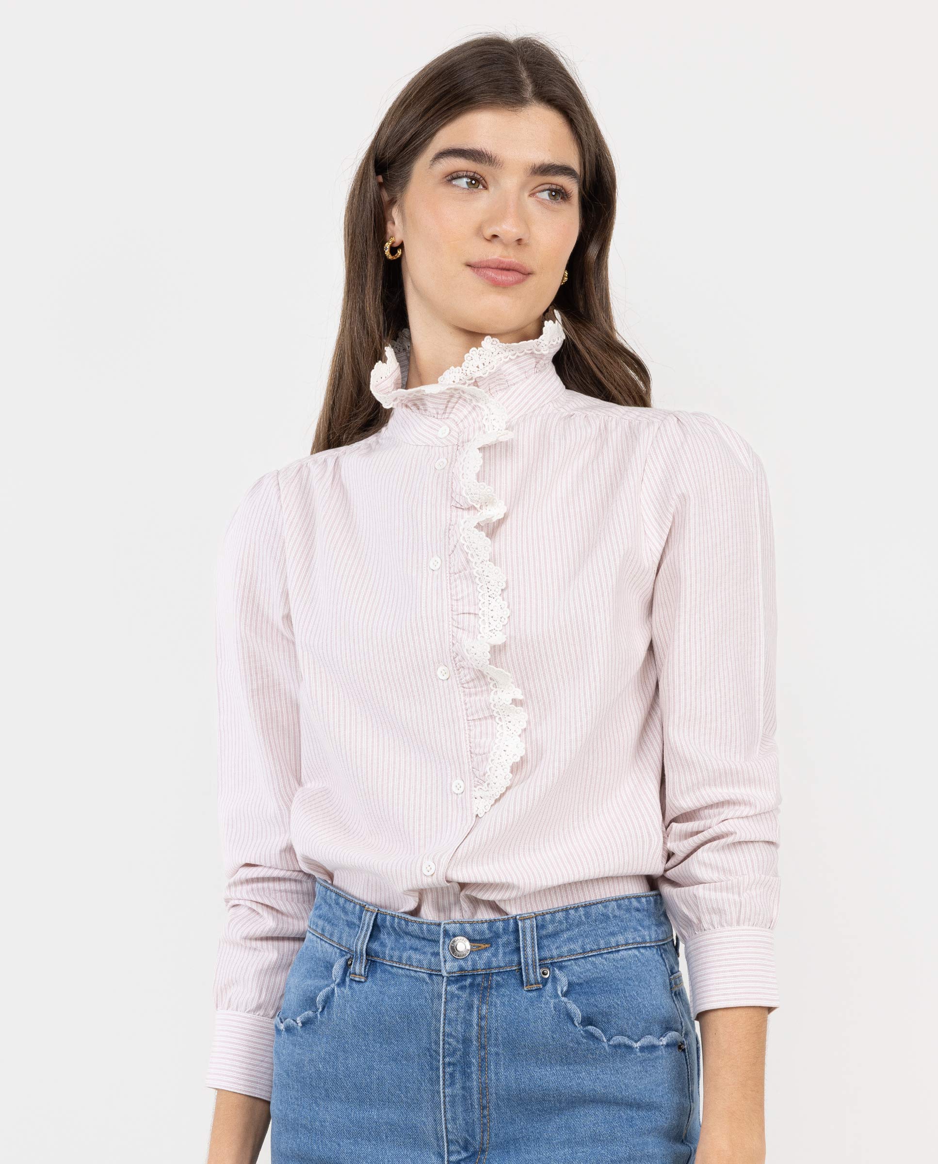 Camisa Às Riscas e Comprida Rosa-claro-1