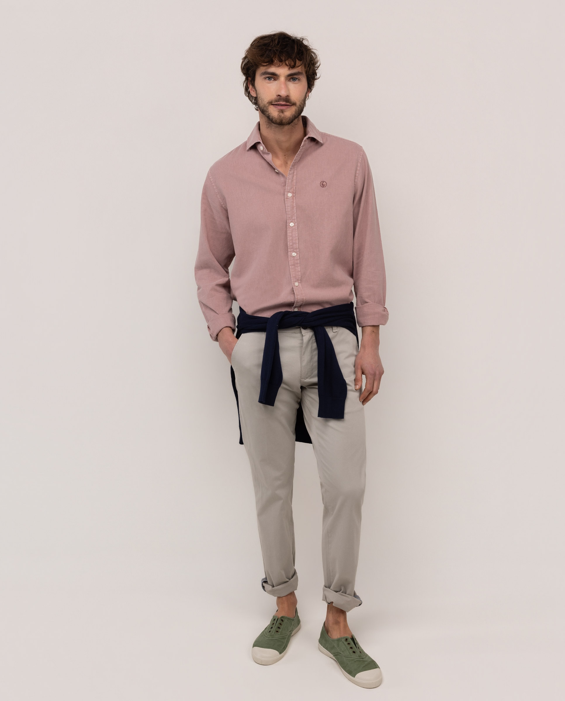 Camisa com Gola Italiana de Linho e Algodão Rosa-2