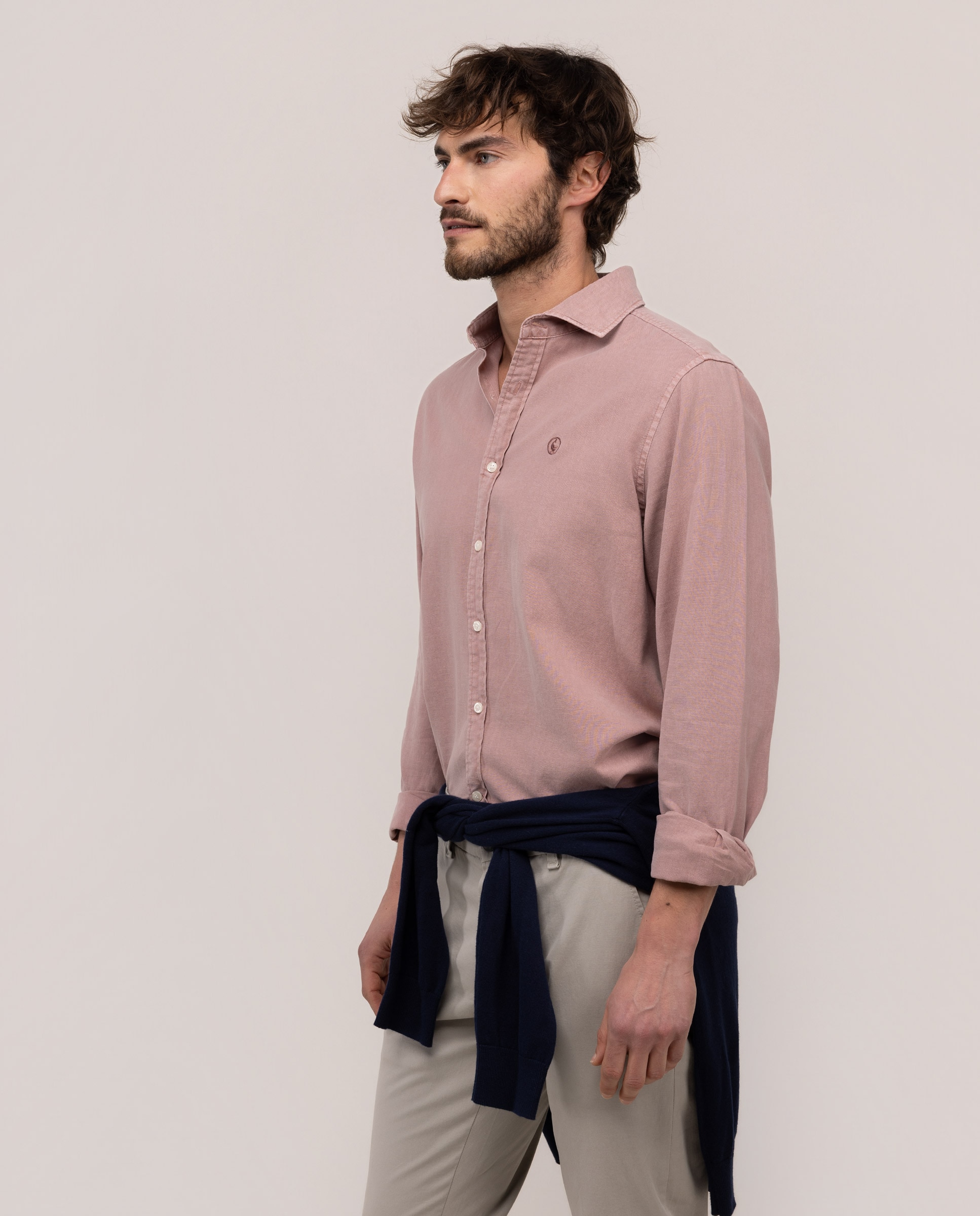 Camisa com Gola Italiana de Linho e Algodão Rosa-3