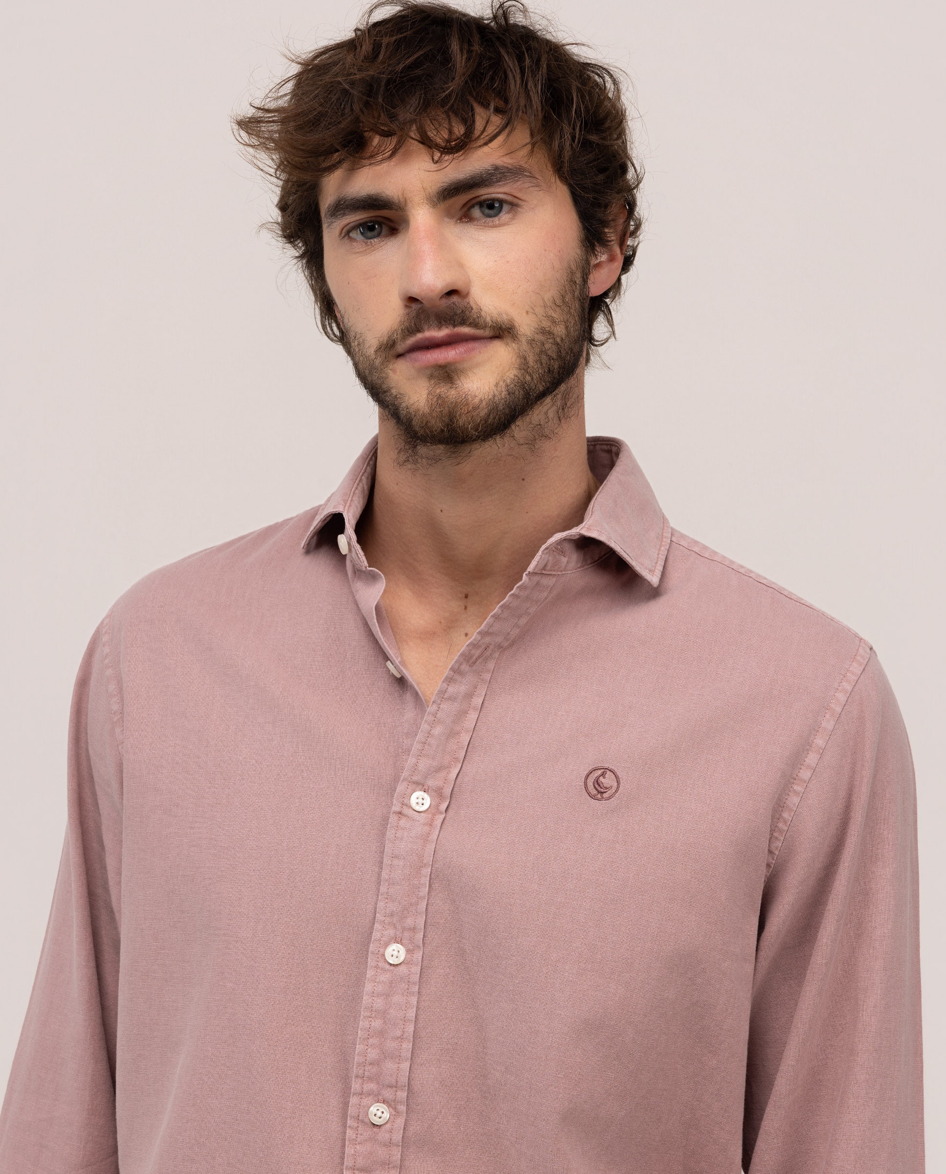 Camisa com Gola Italiana de Linho e Algodão Rosa-4