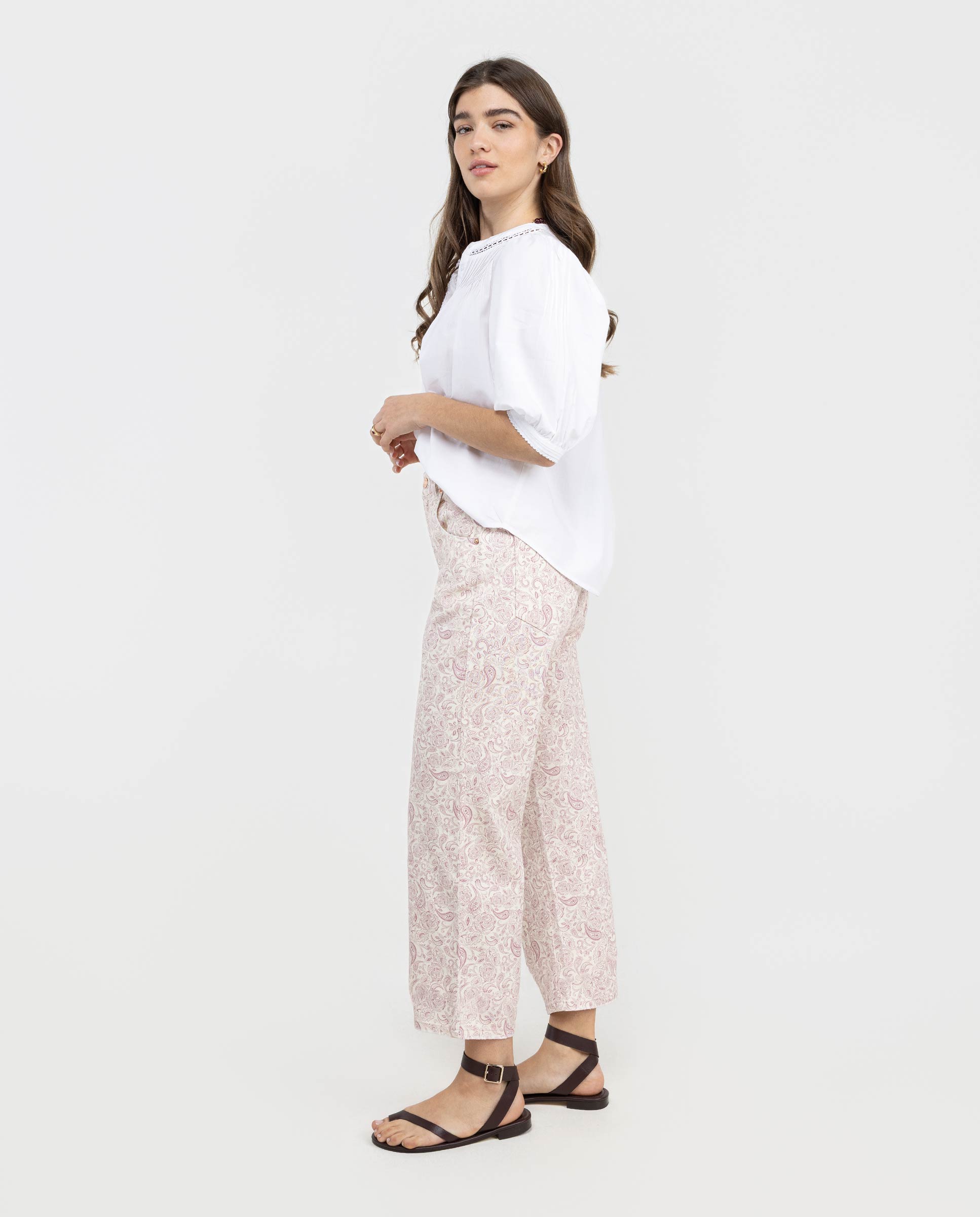 Calças com Corte a Direito Amelia Estampado Coral Rosa-3