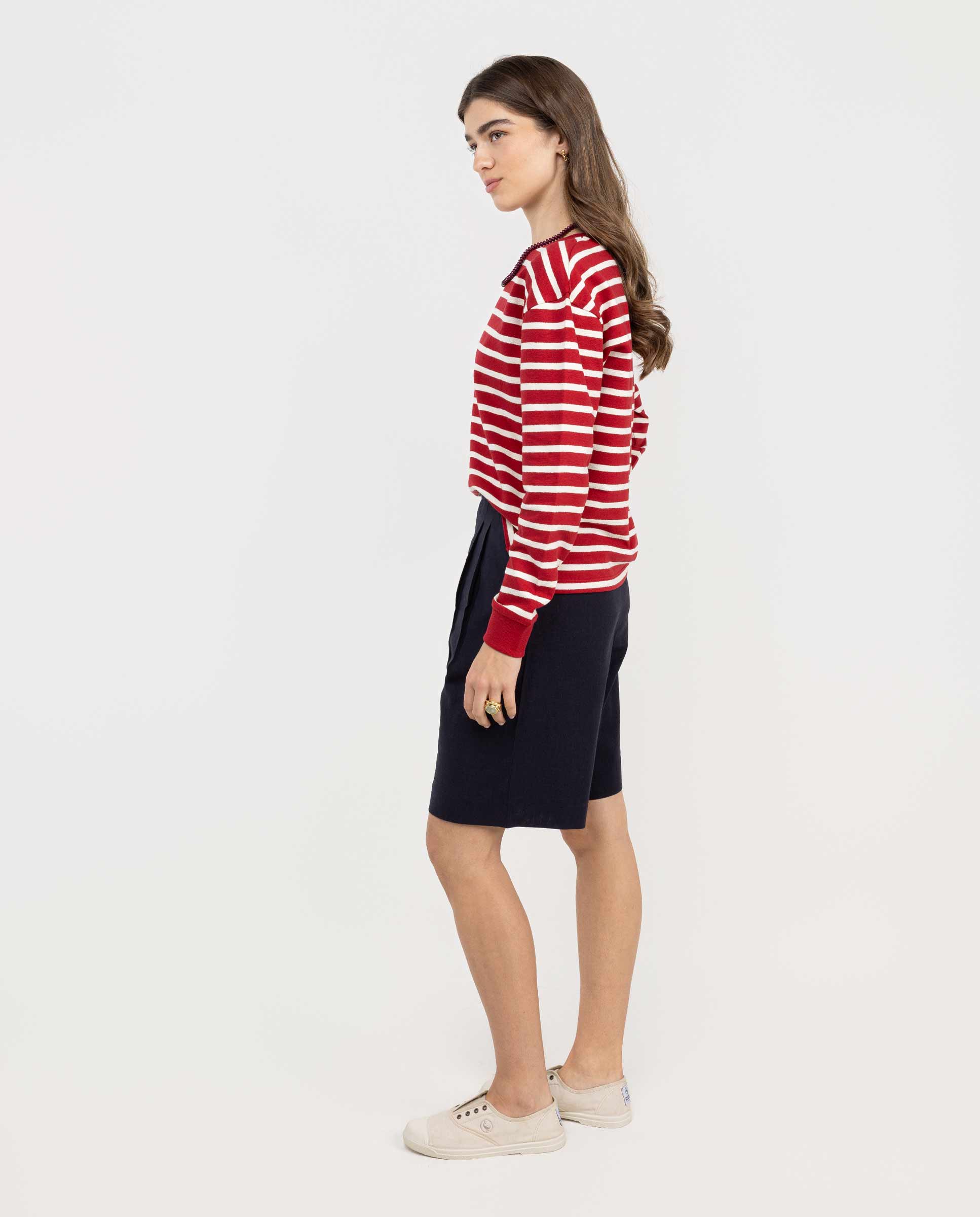 Sweatshirt com Gola Redonda Às Riscas Vermelho-3
