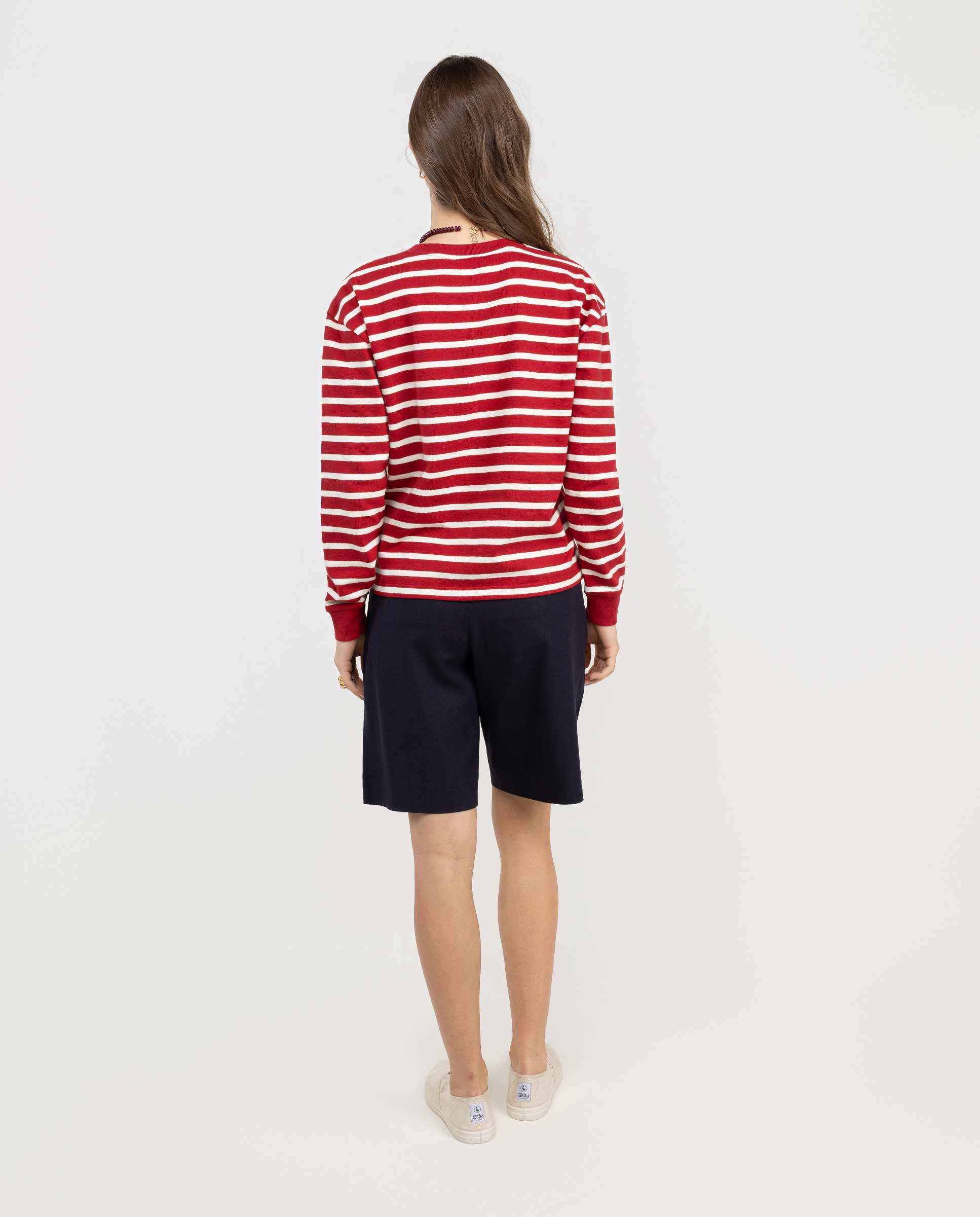 Sweatshirt com Gola Redonda Às Riscas Vermelho-4