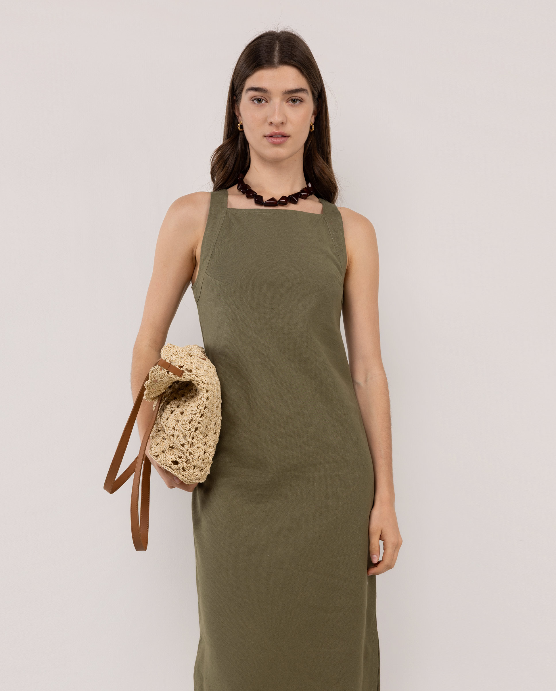Vestido de Algodão Comprido Liso Verde-2