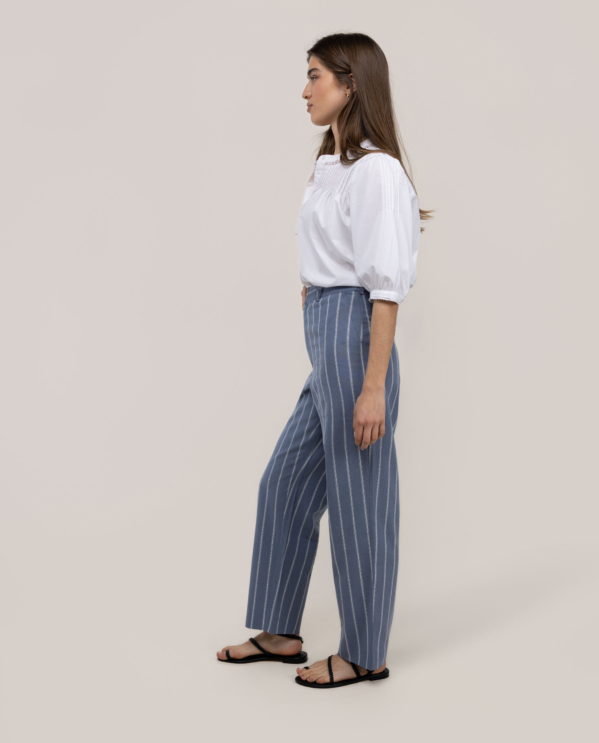 Calças com Corte a Direito Às Riscas Nora Azul denim-3
