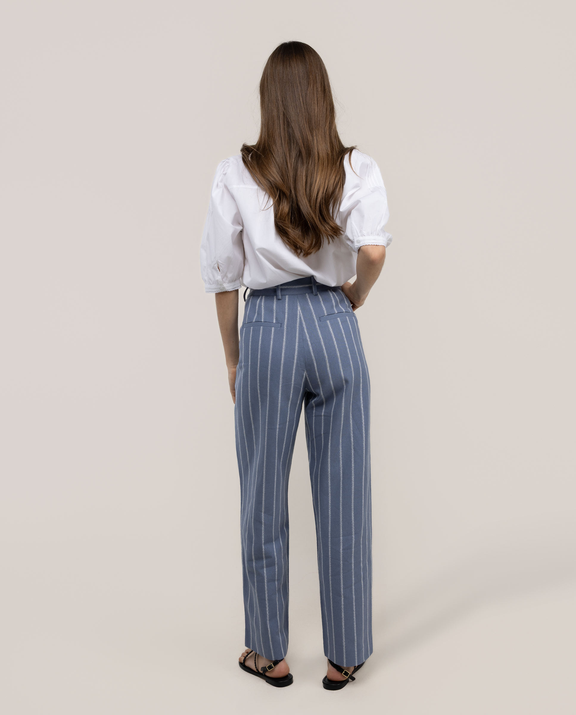 Calças com Corte a Direito Às Riscas Nora Azul denim-4