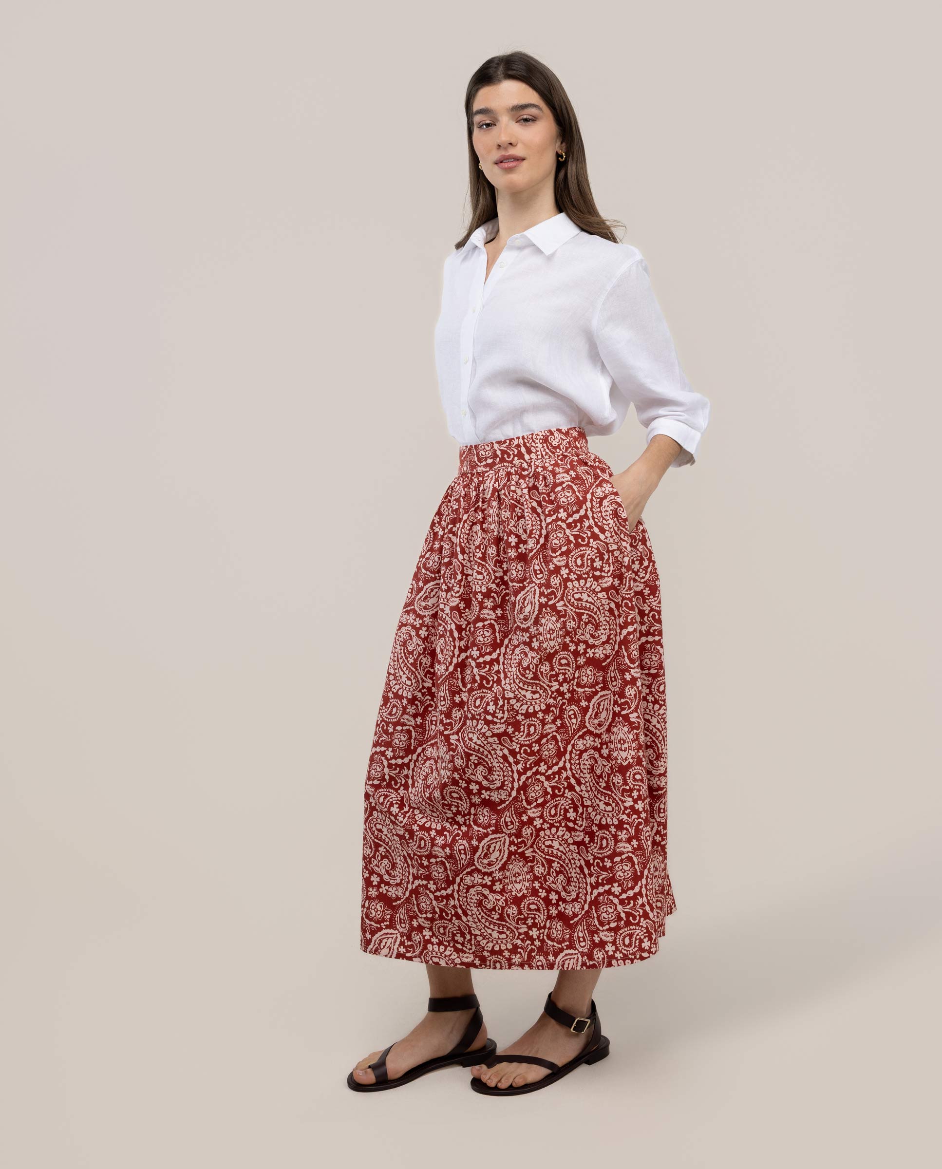 Saia Midi Estampada Florence Vermelho / Branco-2