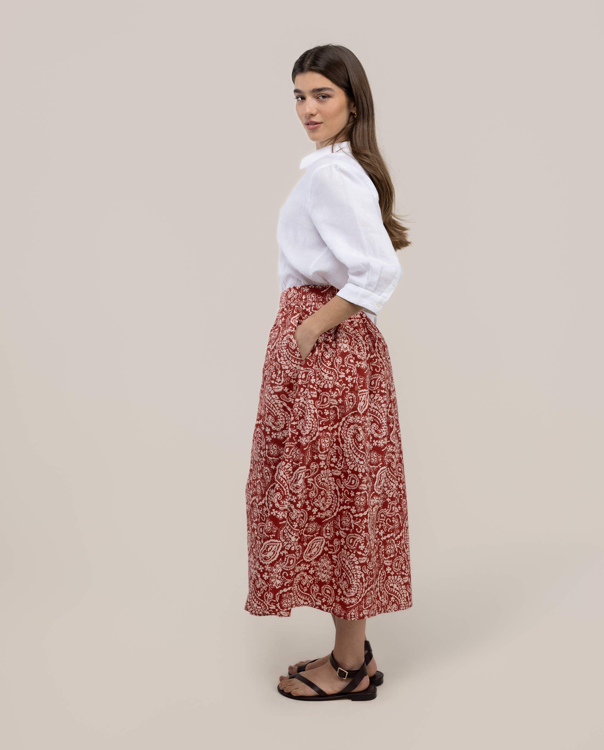 Saia Midi Estampada Florence Vermelho / Branco-3
