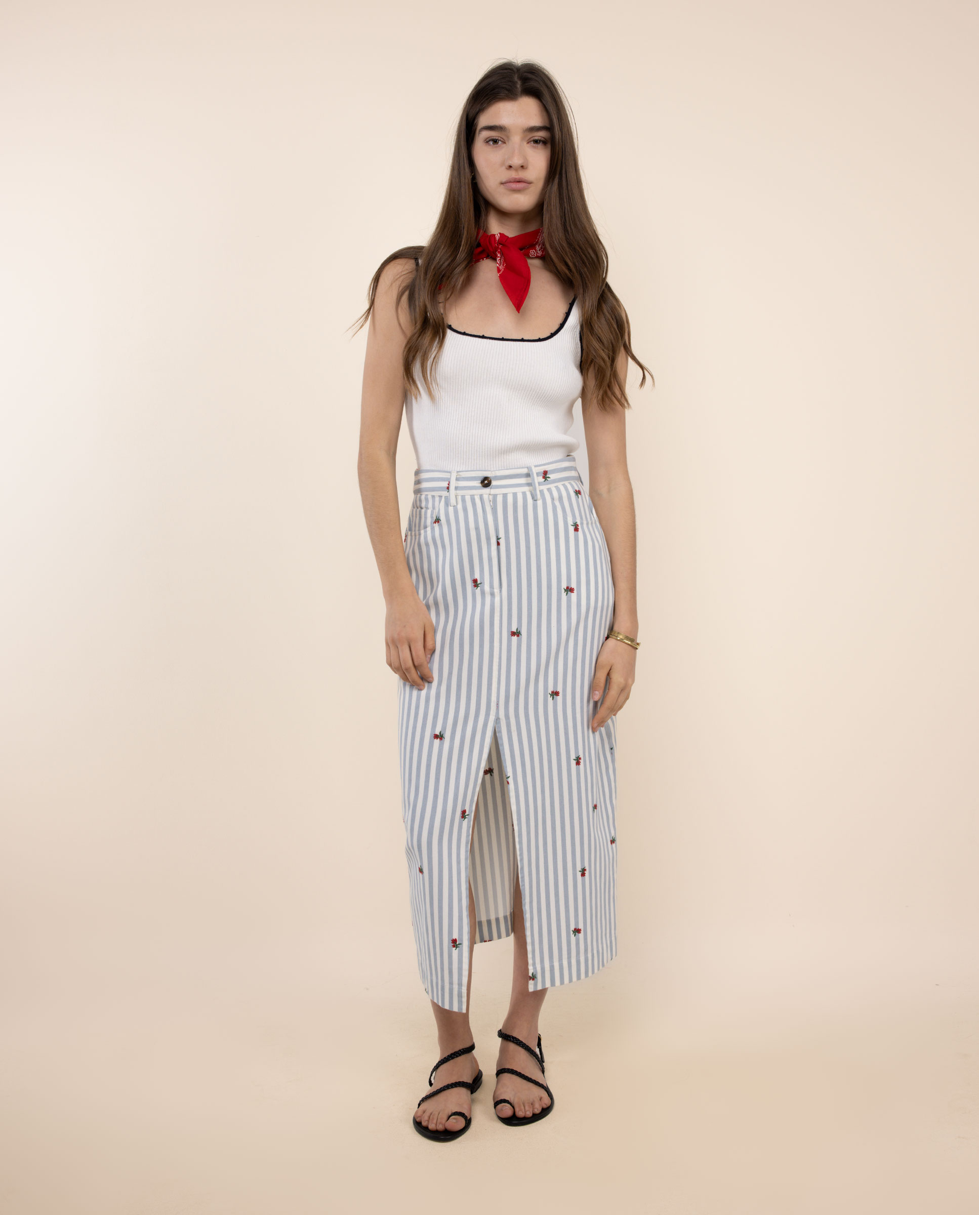 Saia Midi Às Riscas Denim Chiara Azul denim-1