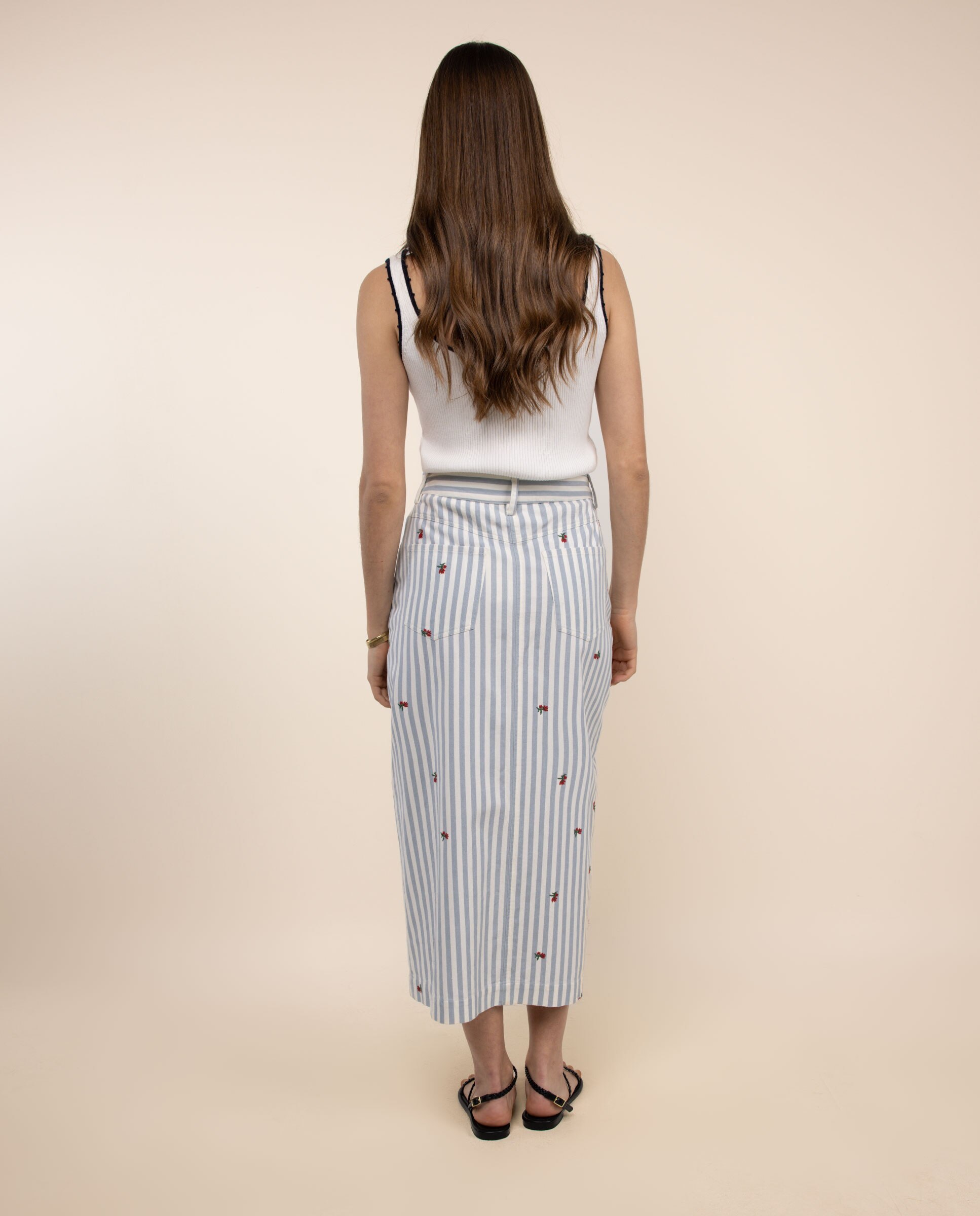 Saia Midi Às Riscas Denim Chiara Azul denim-4