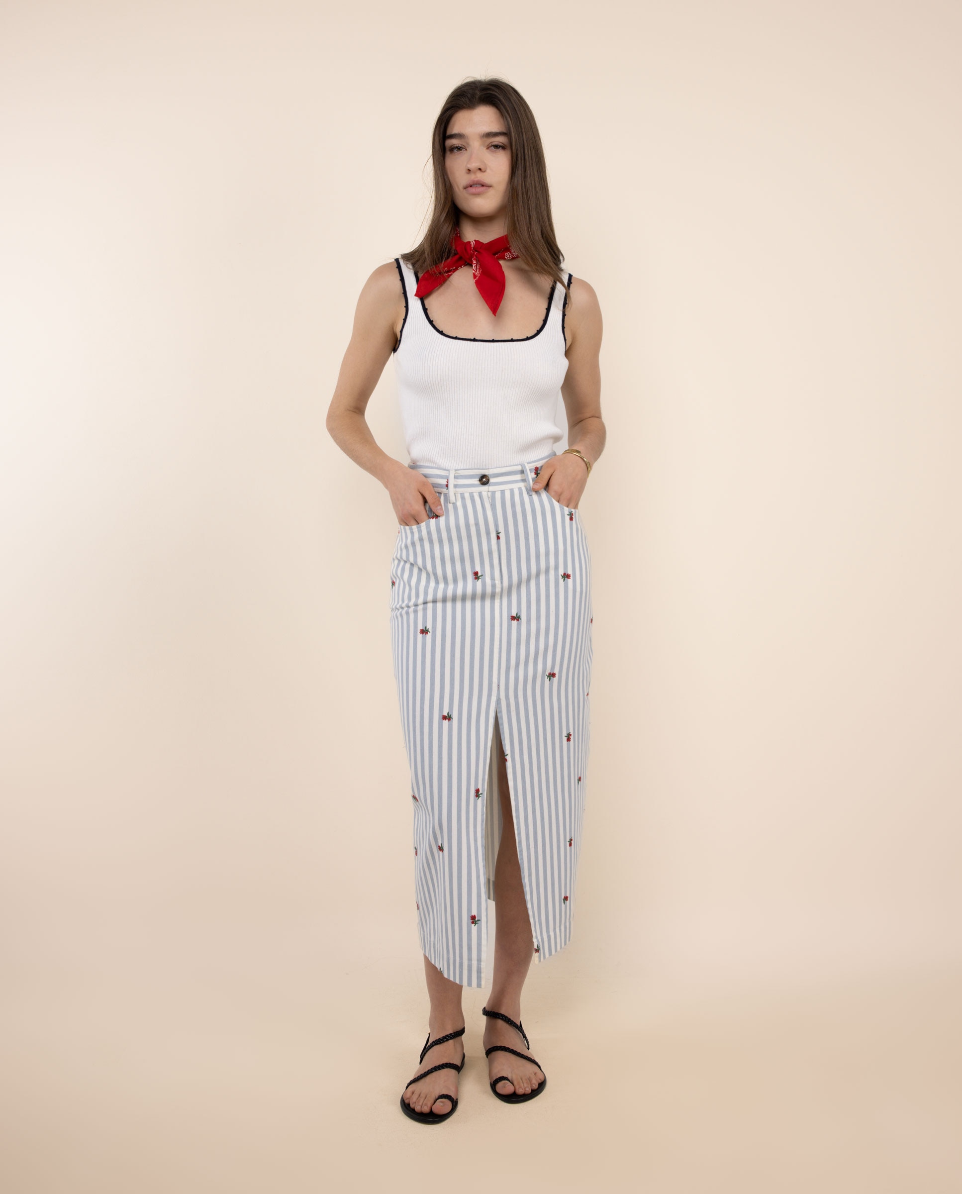 Saia Midi Às Riscas Denim Chiara Azul denim-2