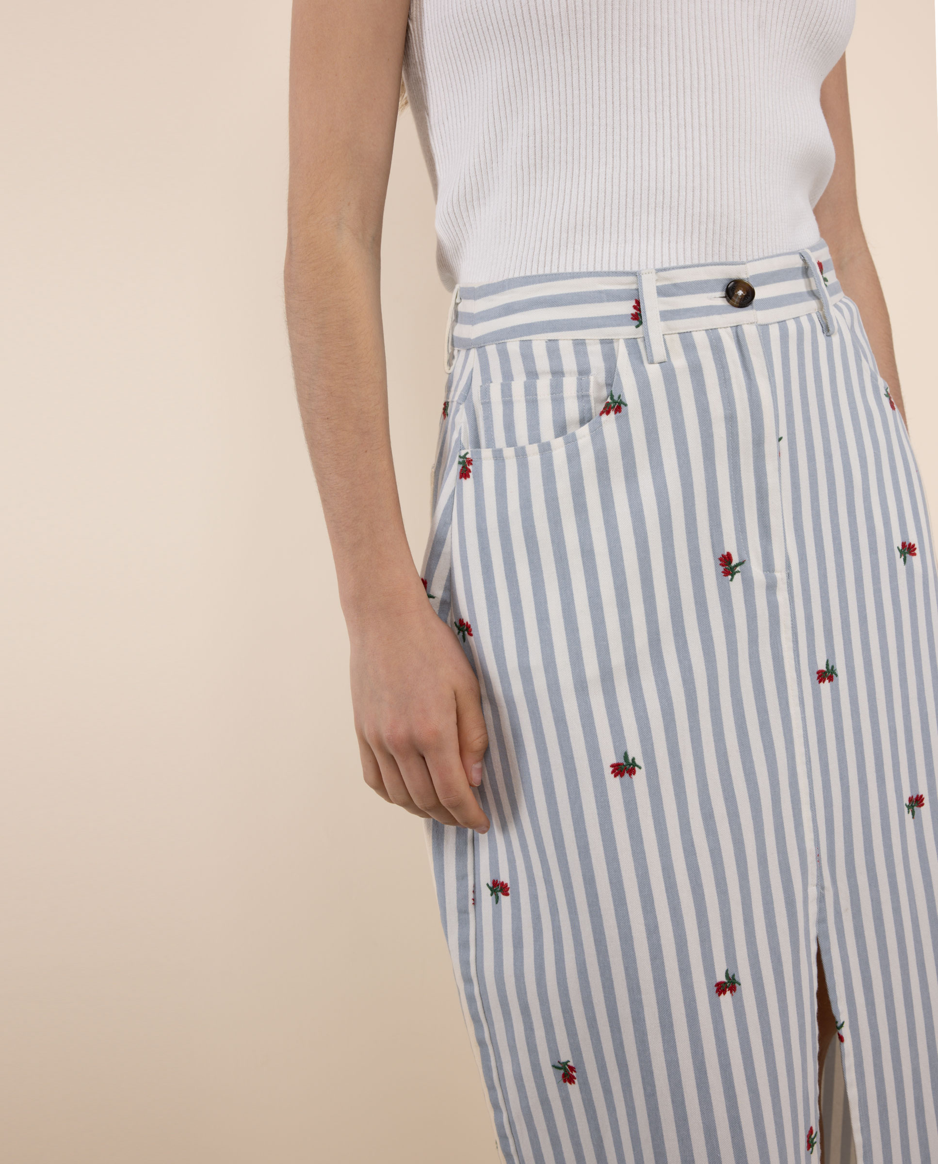 Saia Midi Às Riscas Denim Chiara Azul denim-3