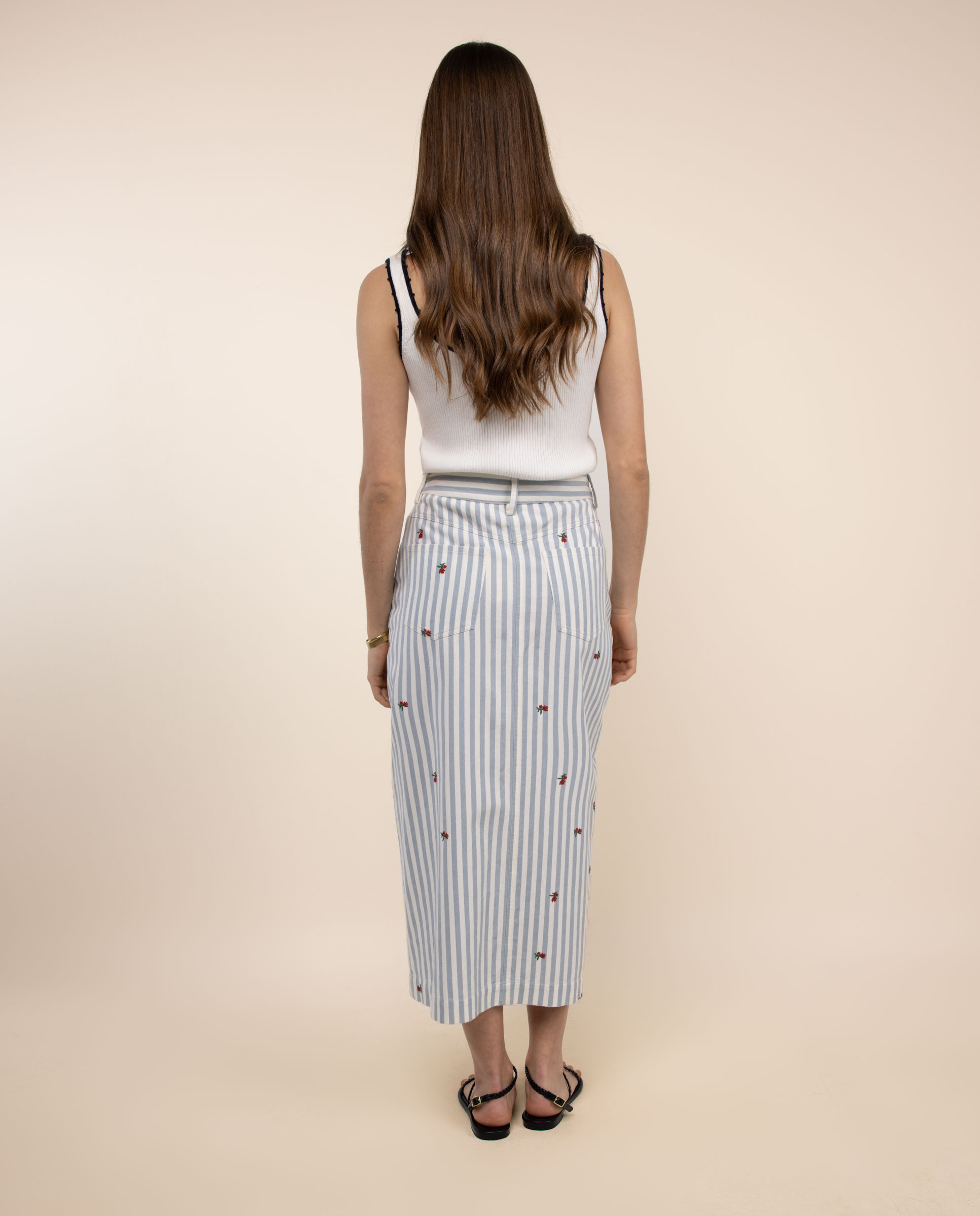 Saia Midi Às Riscas Denim Chiara Azul denim-4