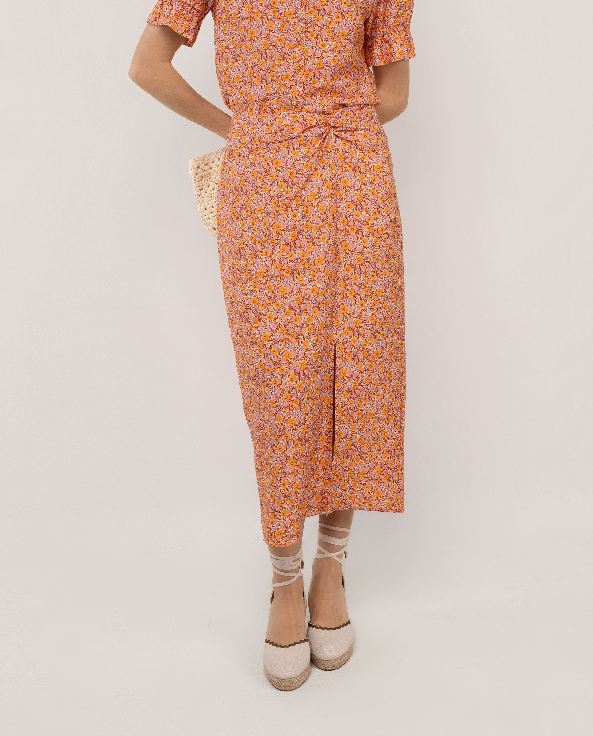 Saia Midi Estampada Adeline Laranja-2