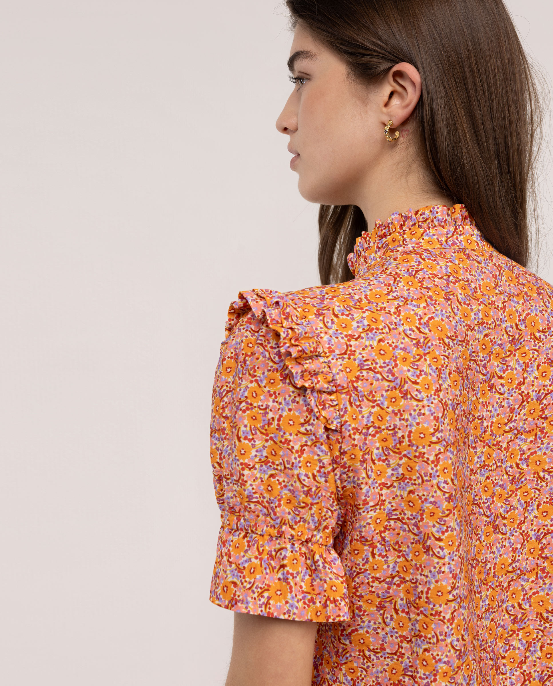 Camisa de Manga Curta com Flores Laranja-3