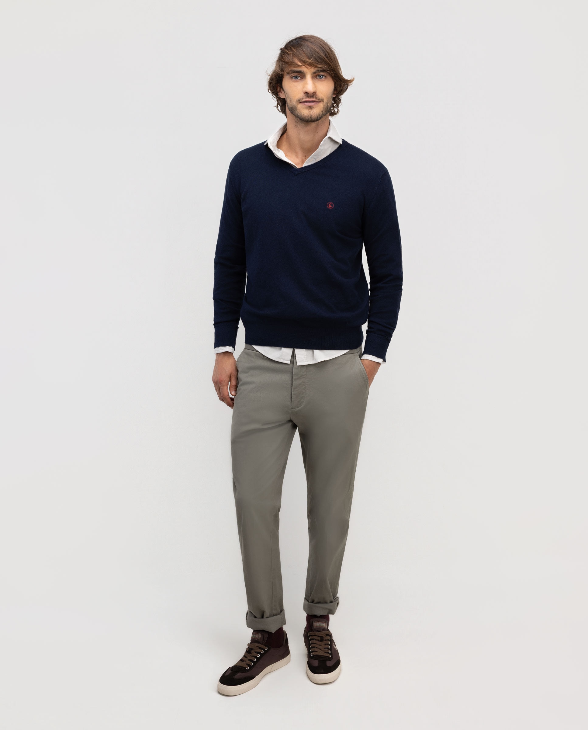 Camisola Gola em V Verde Azul-marinho-2