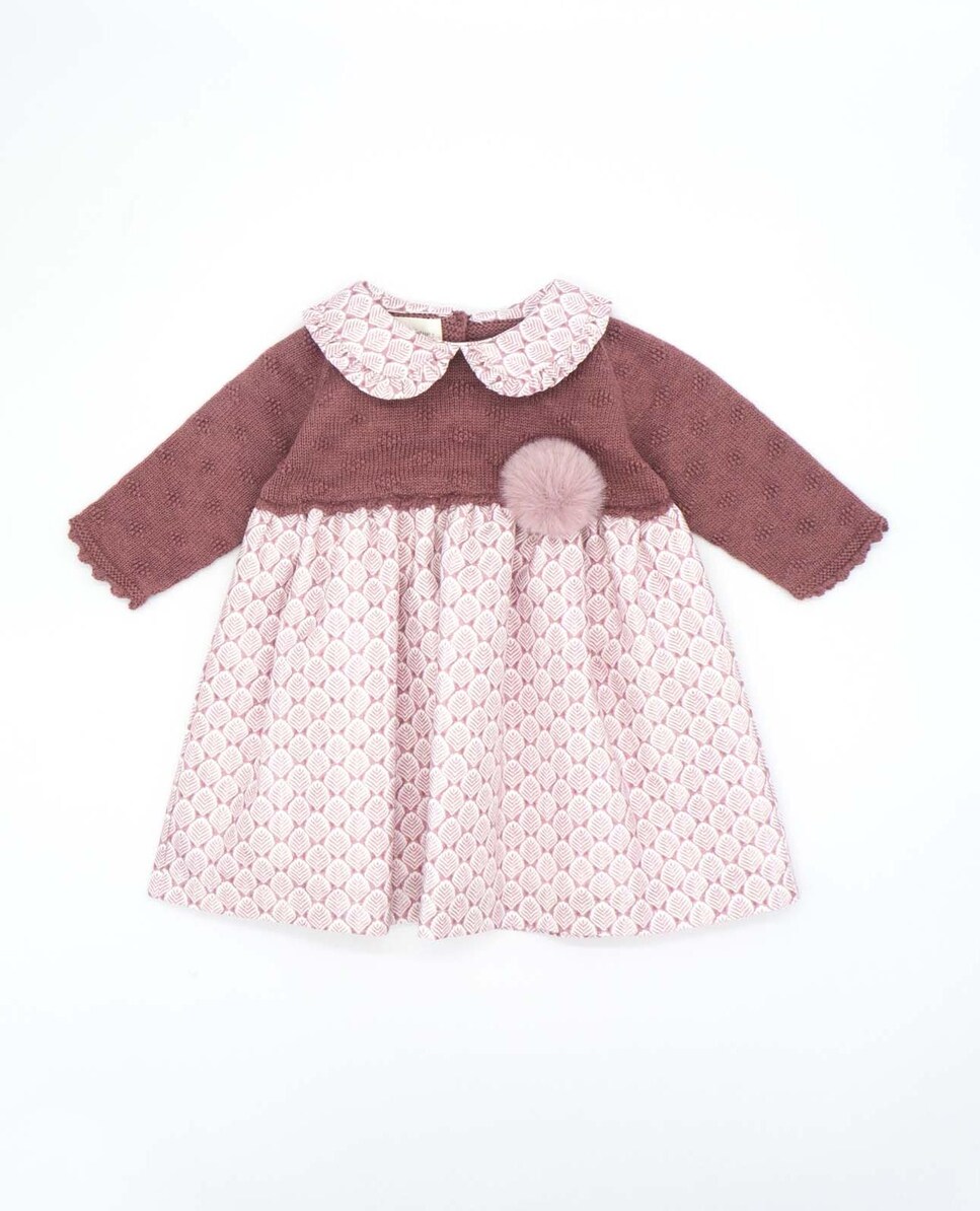 Vestido para Bebé Combinado com Detalhe de Pompom em Malva Lilás-1