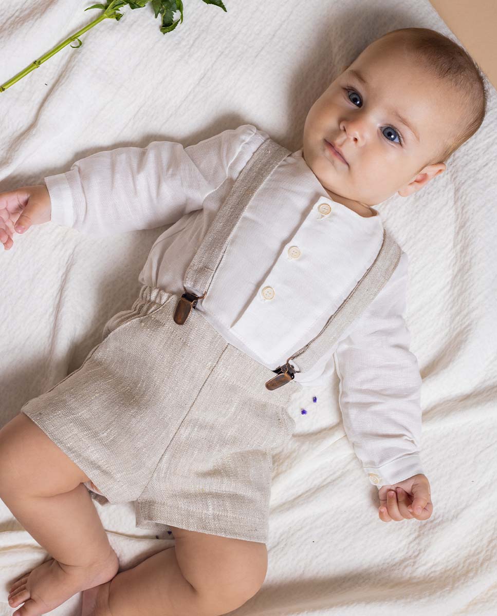 Bermudas para Bebé de Linho com Alças Bege-3
