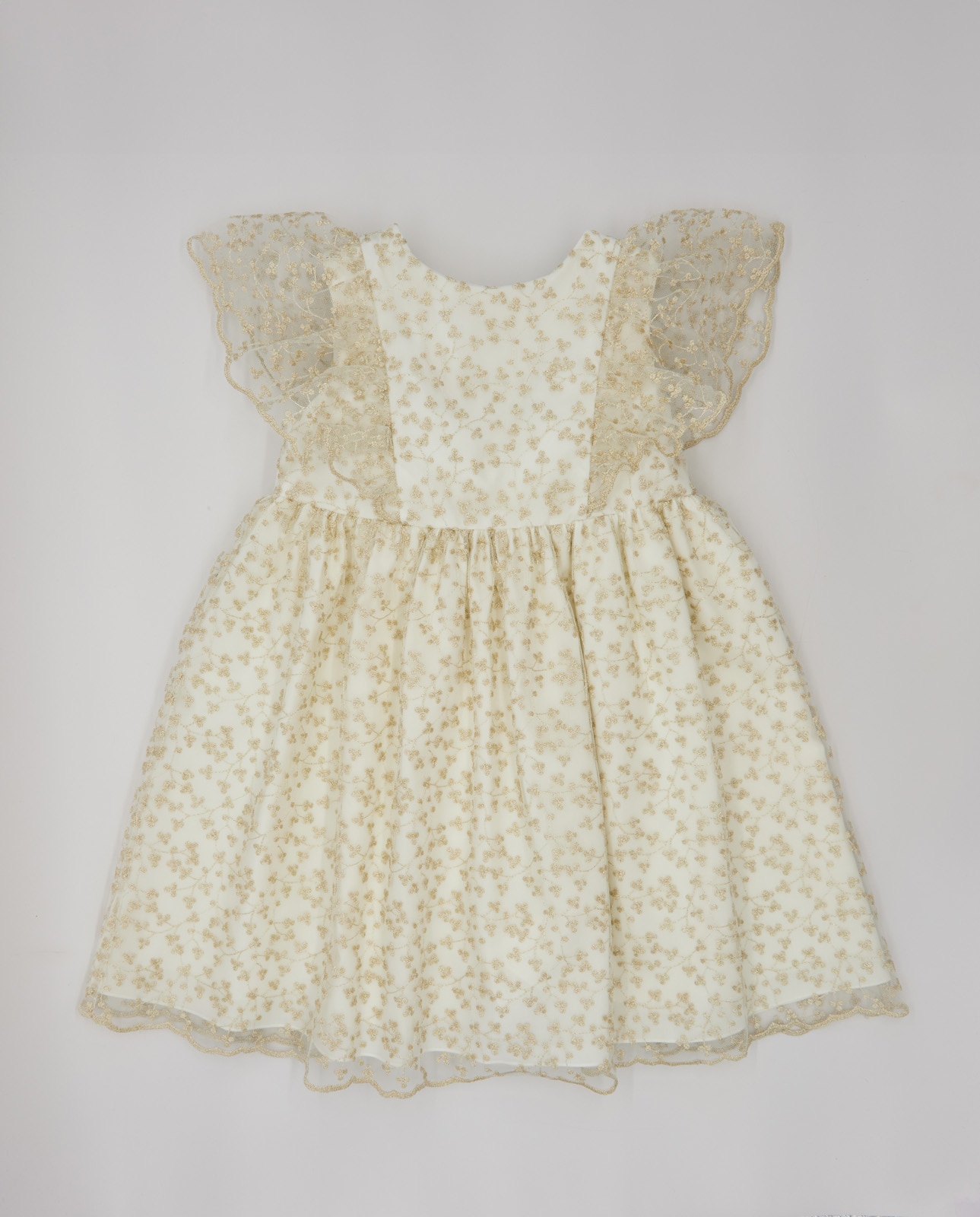 Vestido Infantil de Tule Bordado com Folhas e Manga Capa Ouro-2