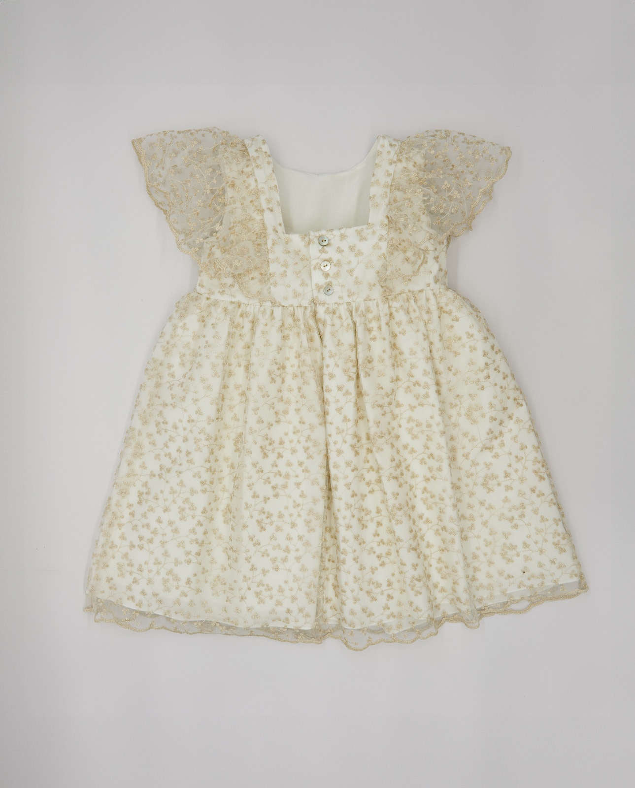 Vestido Infantil de Tule Bordado com Folhas e Manga Capa Ouro-3