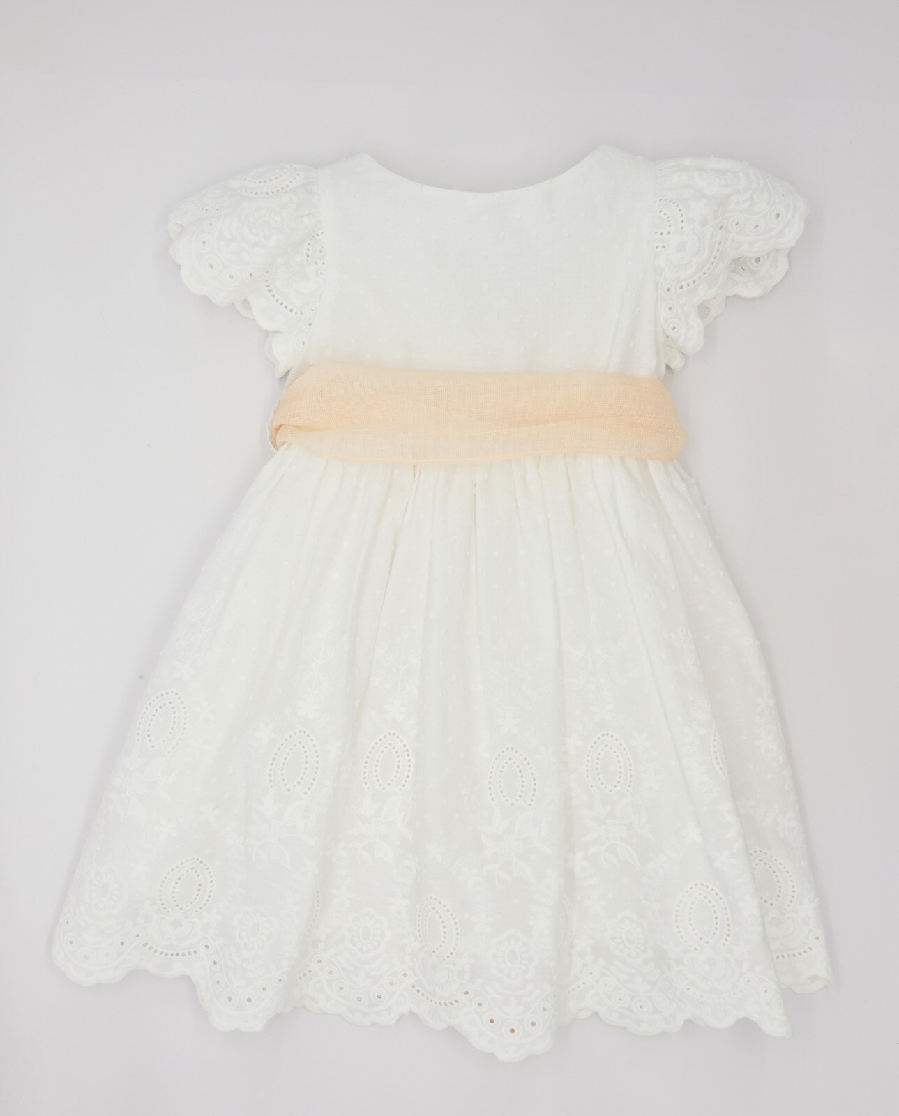 Vestido para Bebé Plumeti Bordado com Cenefas e Laçada Cru-2