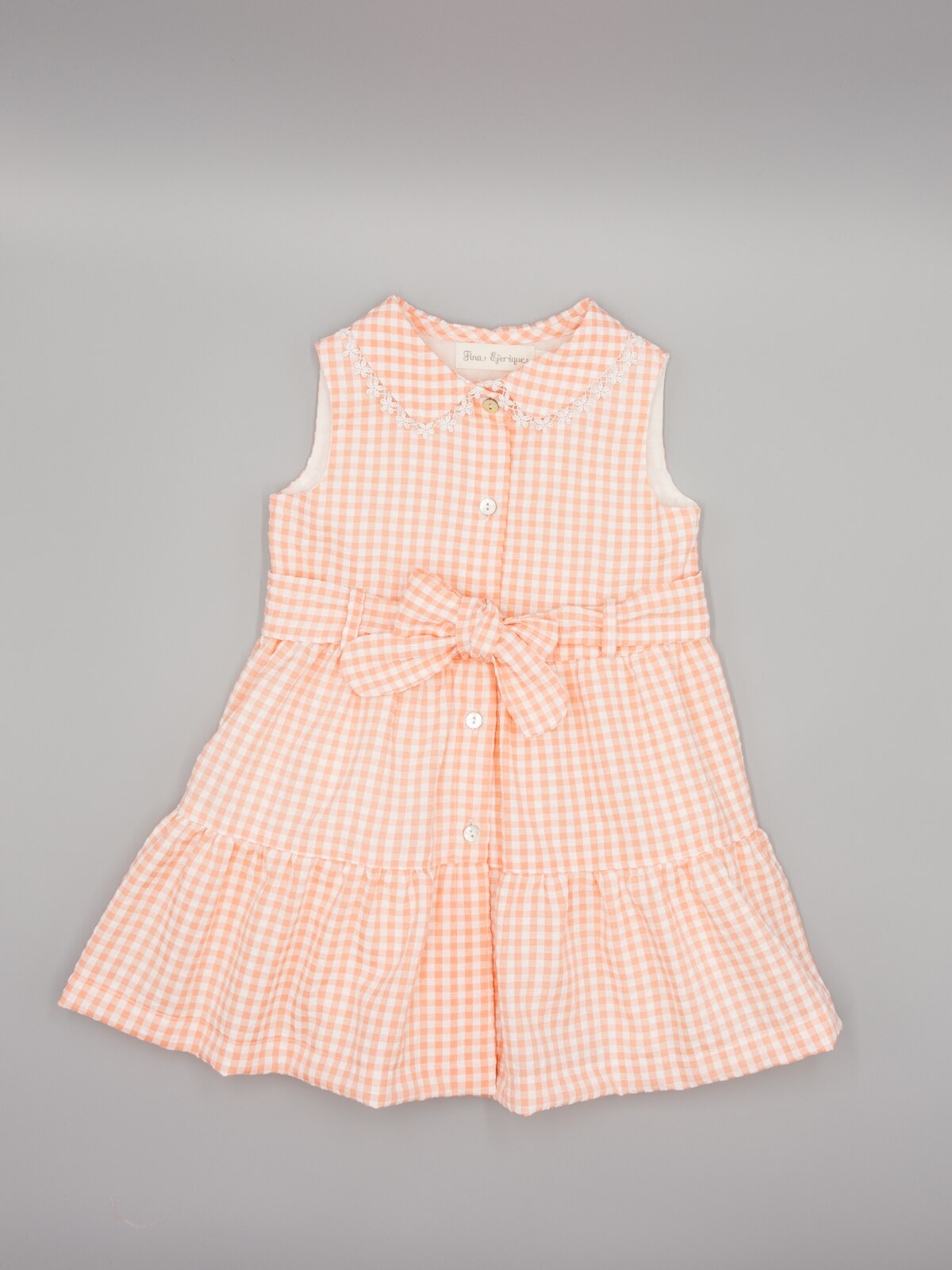 Vestido Infantil Vichy com Botões e Guipur na Gola Salmão-2