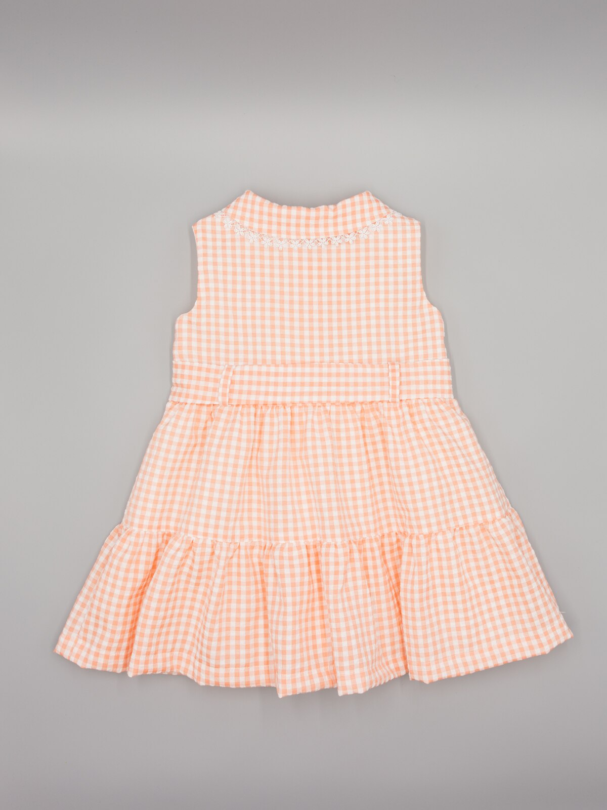 Vestido Infantil Vichy com Botões e Guipur na Gola Salmão-3