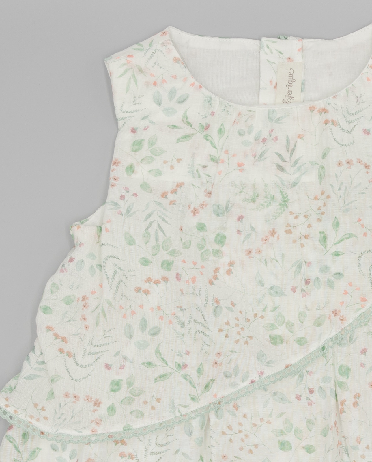 Vestido Infantil de Organza Estampado Folhas Branco / Verde-3