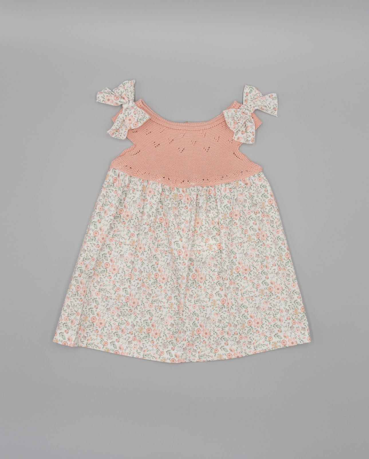 Vestido para Bebé Combinado com Corpo de Malha e Laços Fina Ejerique Rosa-claro-2