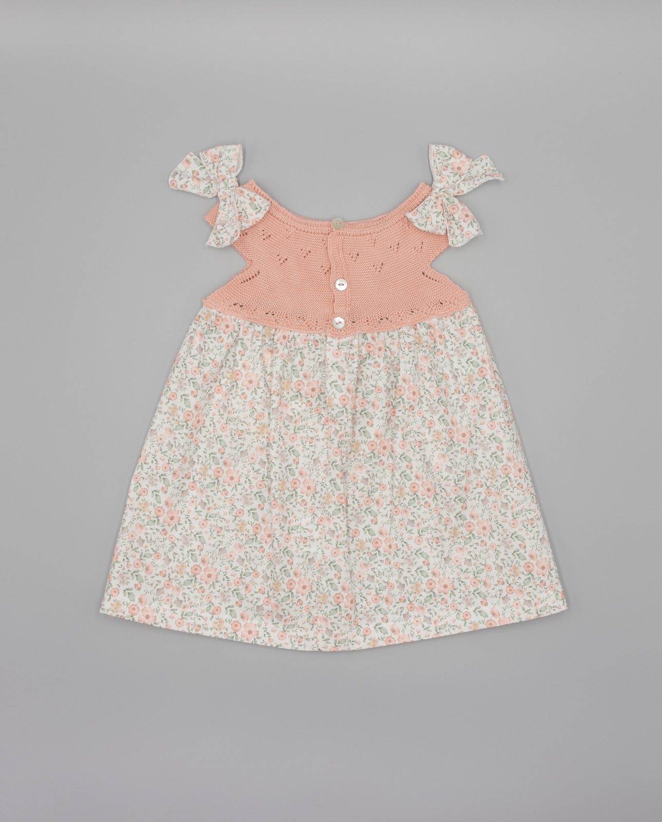 Vestido para Bebé Combinado com Corpo de Malha e Laços Fina Ejerique Rosa-claro-3