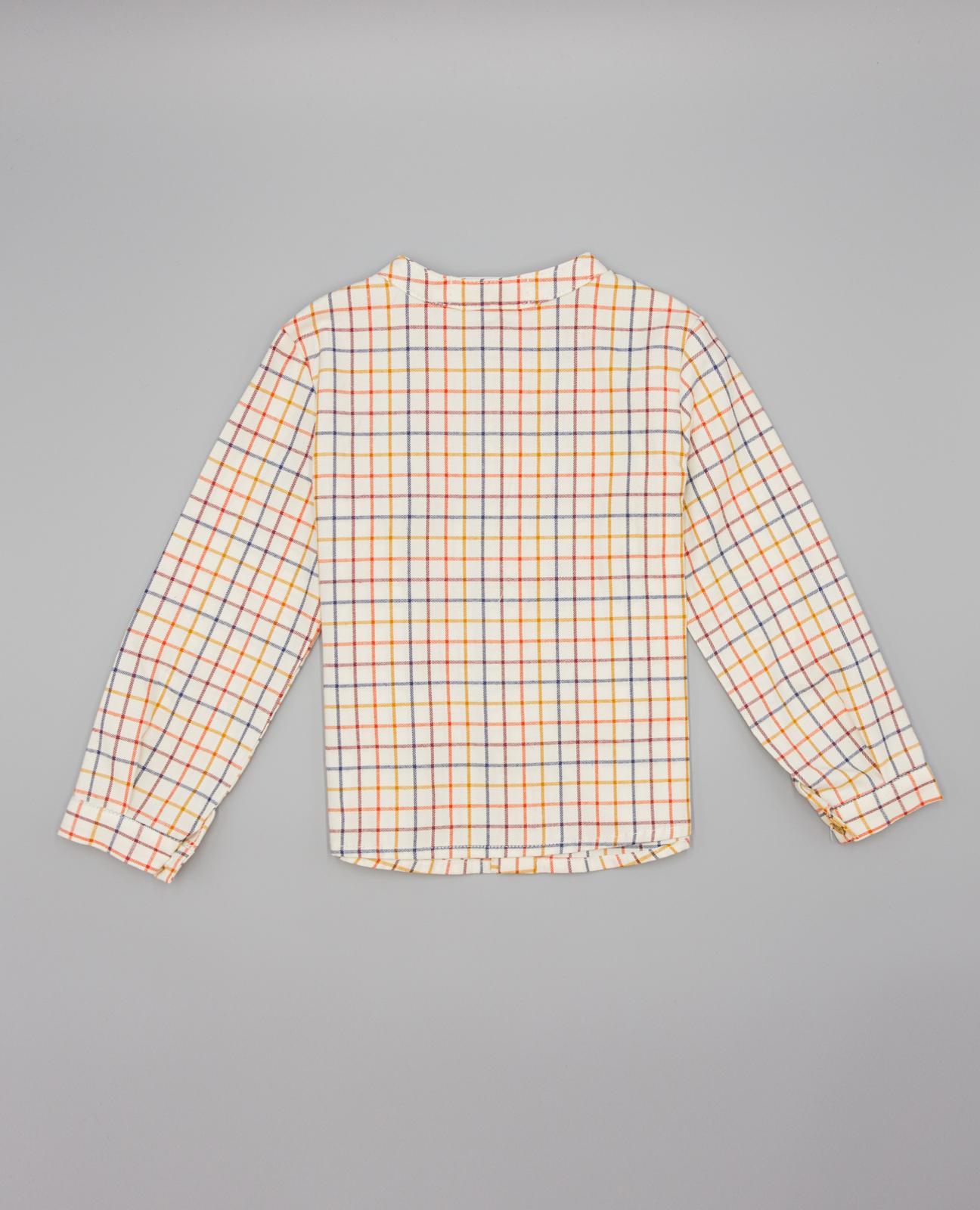 Camisa Infantil Aos Quadrados Janela Multicolor com Gola À Padre e Botões de Madeira Mostarda-2