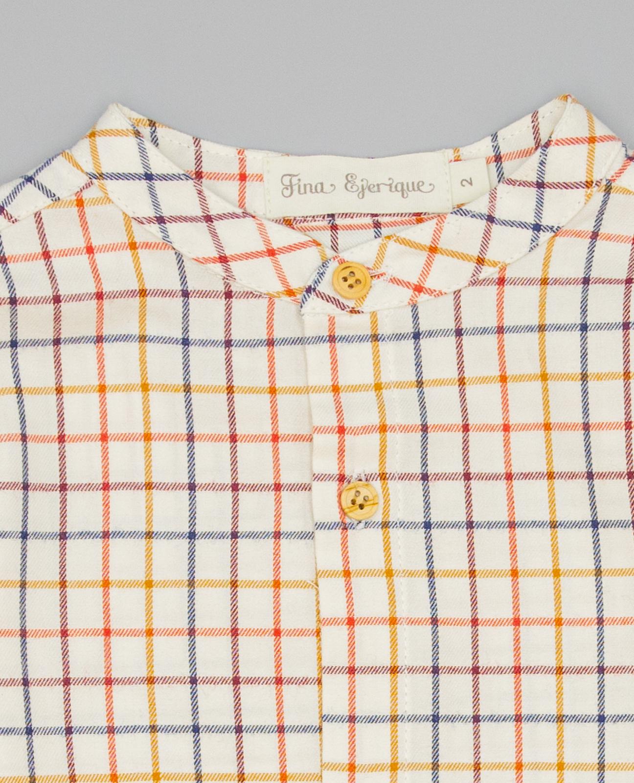 Camisa Infantil Aos Quadrados Janela Multicolor com Gola À Padre e Botões de Madeira Mostarda-3