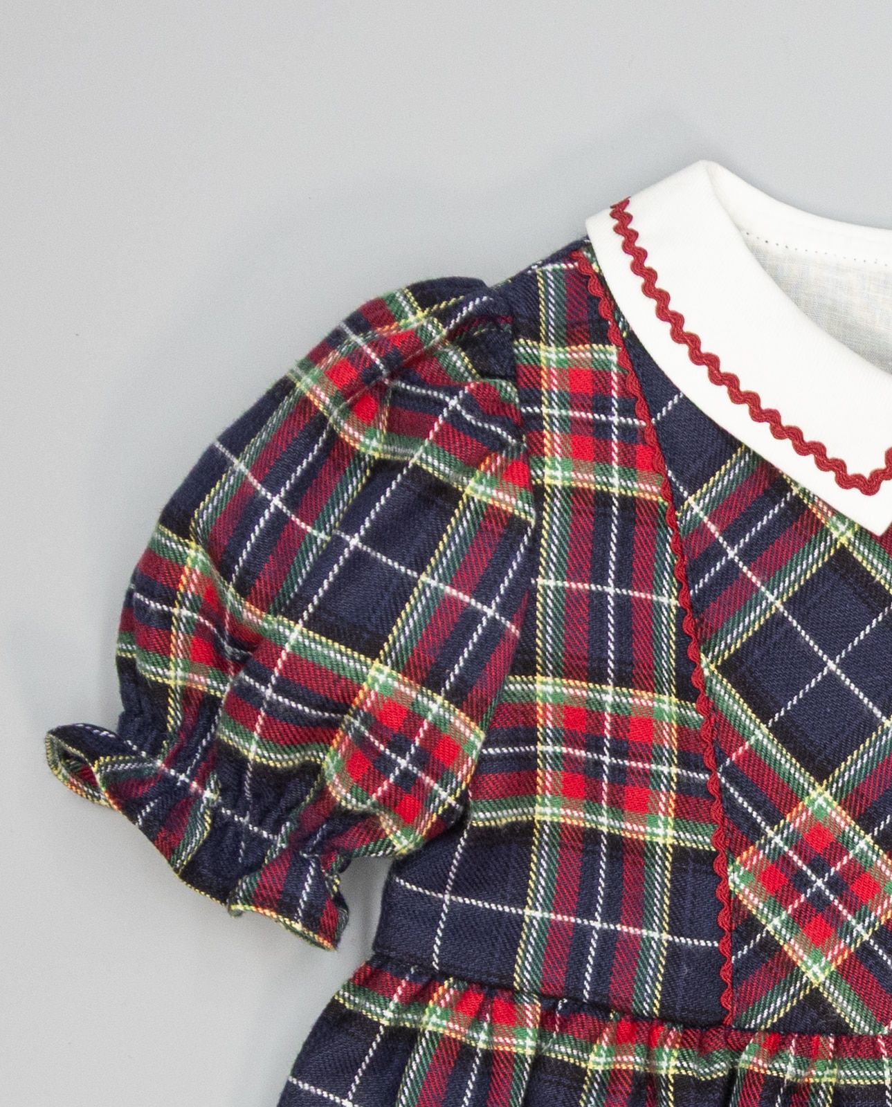 Vestido em Azul e Bordeaux Aos Quadrados Escoceses com Ondulina Bordeaux Marinho-3