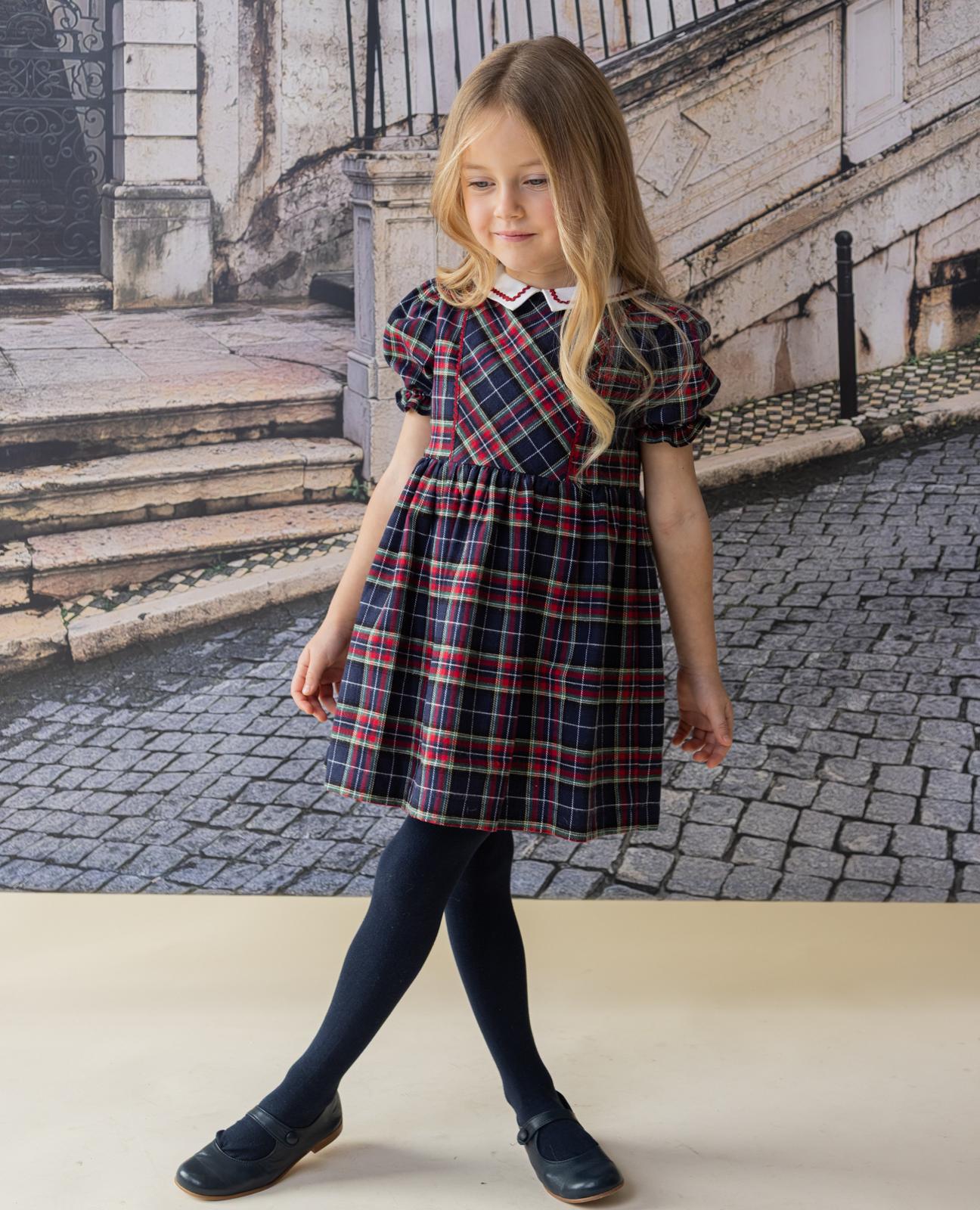 Vestido em Azul e Bordeaux Aos Quadrados Escoceses com Ondulina Bordeaux Marinho-4