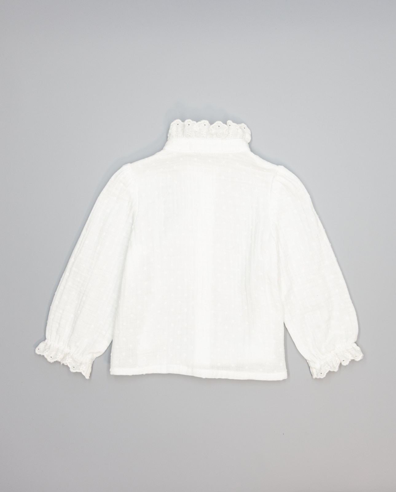 Camisa Bege de Algodão com Plumeti e Folho Bordado Cru-2