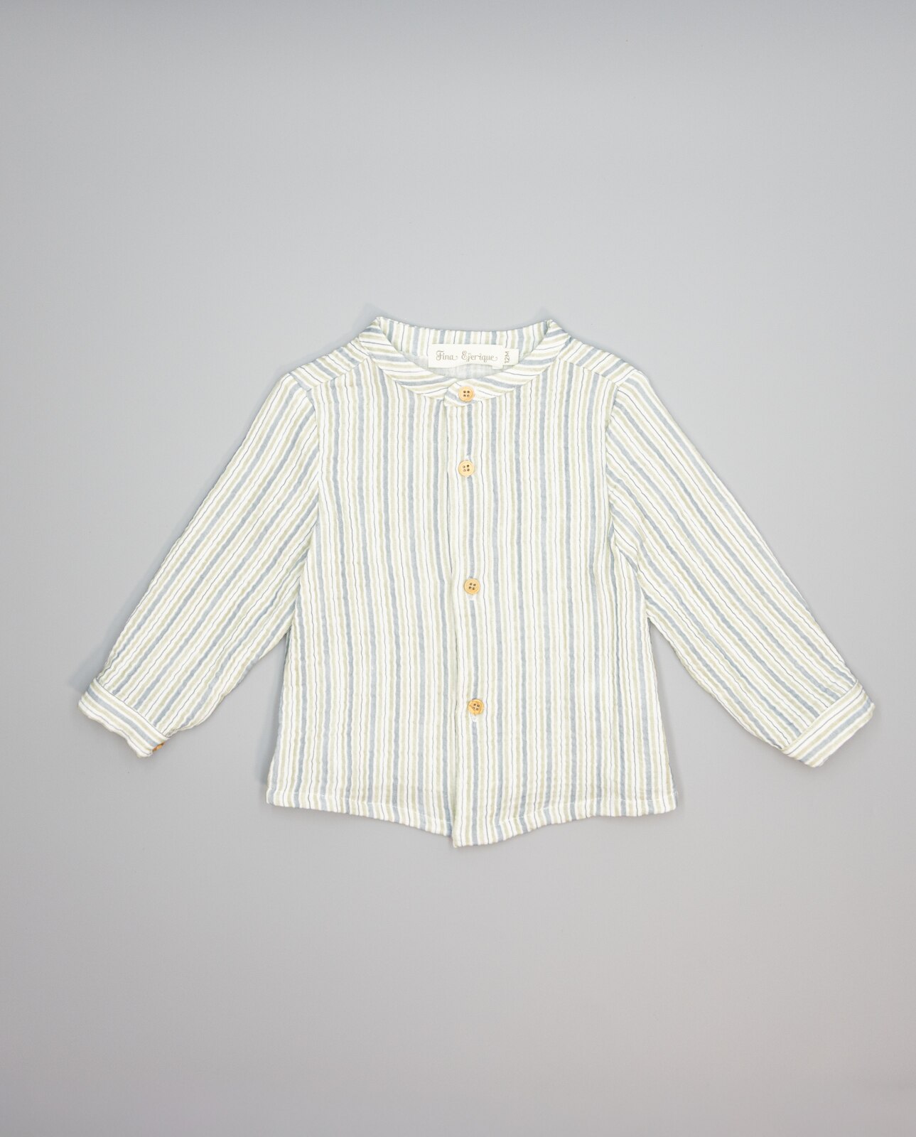 Camisa Infantil de Gase de Tecido Duplo Às Riscas em Azul e Topo com Gola À Padre Azul-2