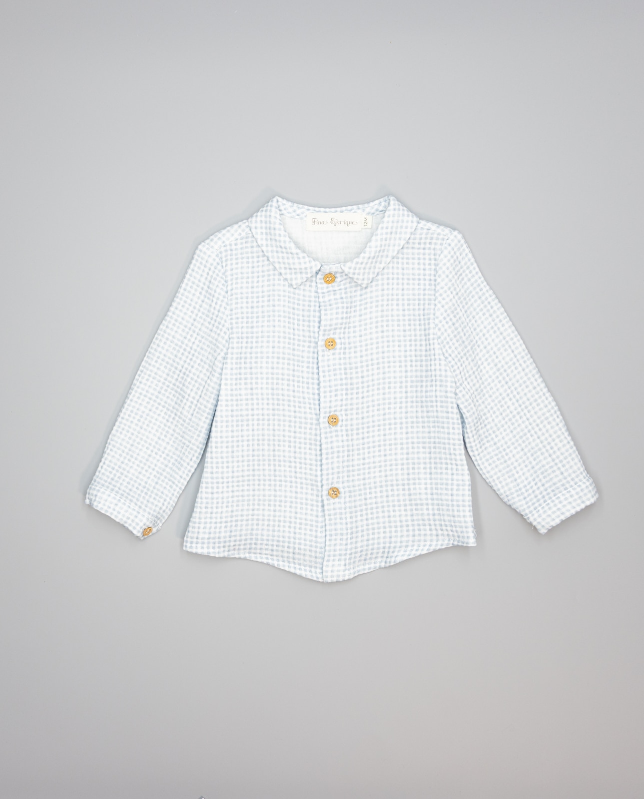 Imagem 0 de Camisa Azul de Algodão Vichy com Gola e Botões de Madeira