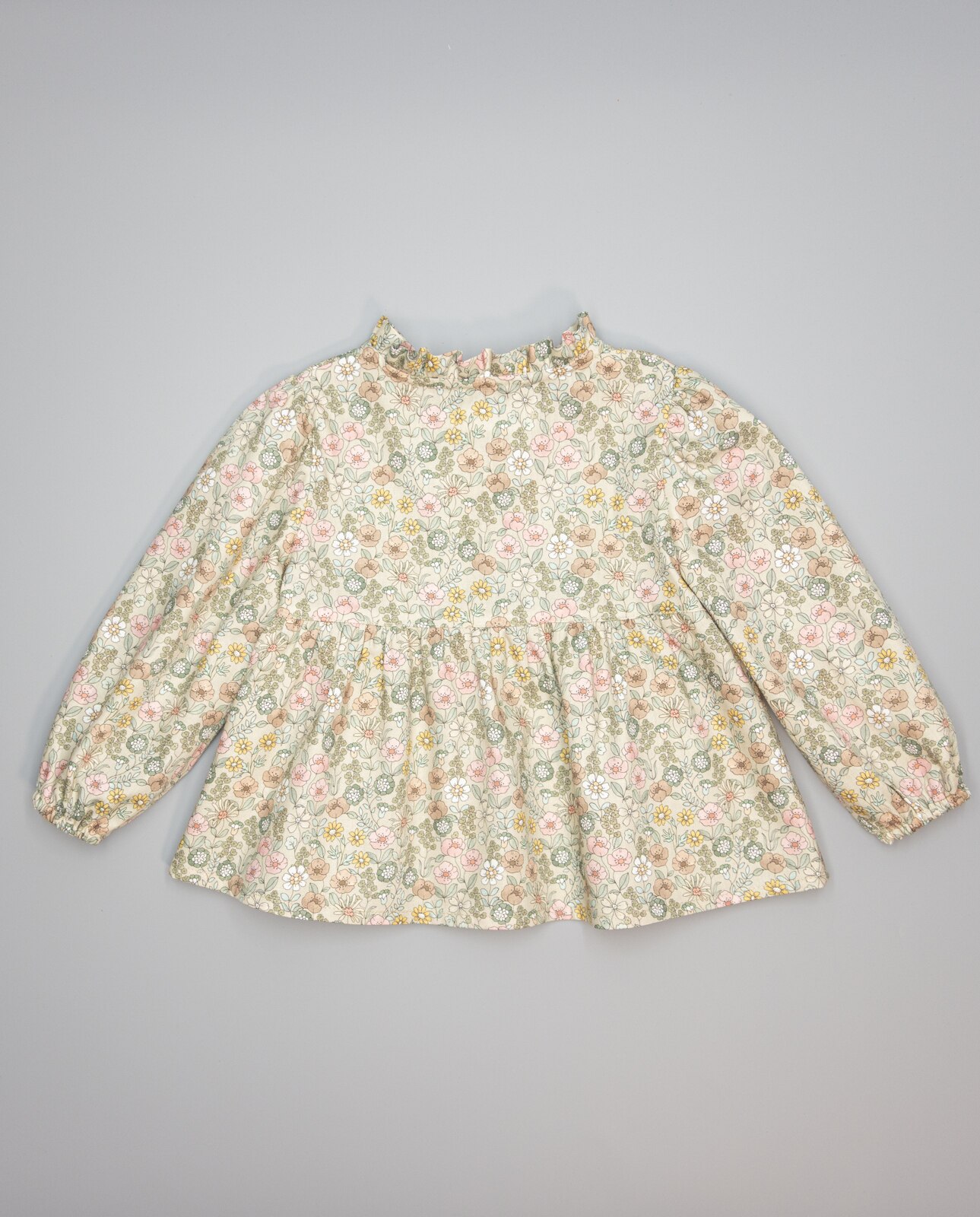 Camisa Infantil em Flanela Floral Franzida com Folho Torrado-2