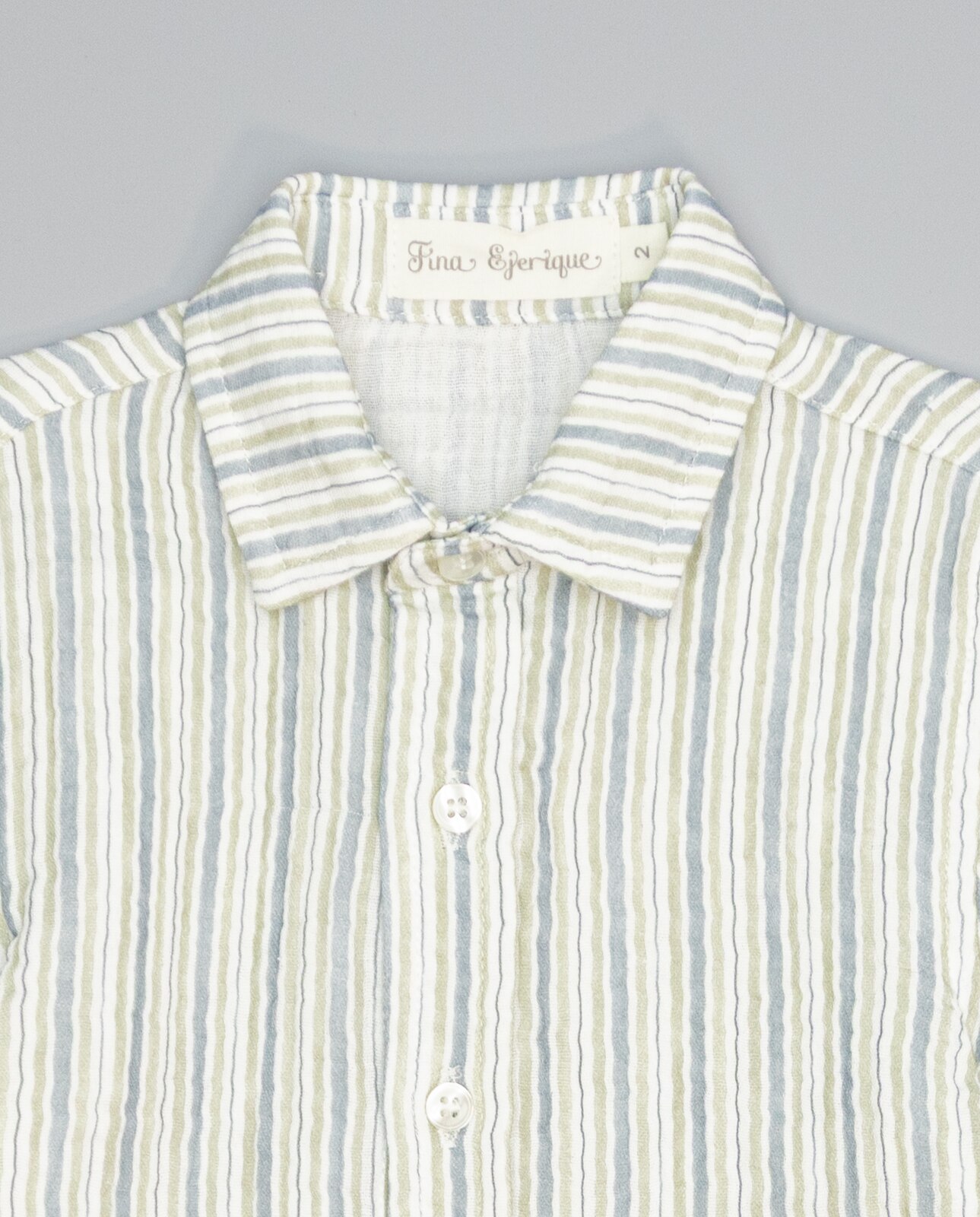Camisa Infantil de Gase de Tecido Duplo Às Riscas em Verde e Taupe com Folga Posterior Azul-2