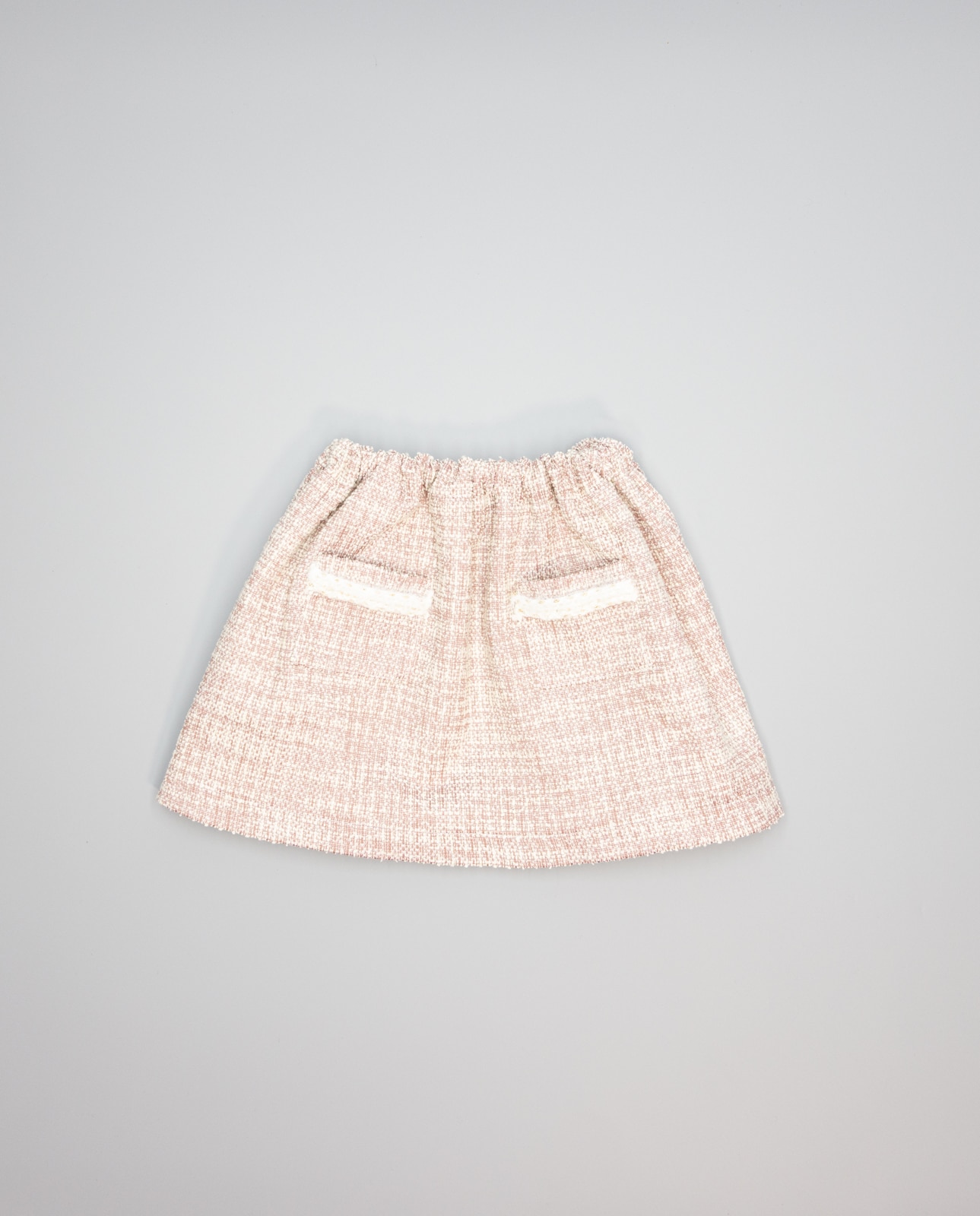 Saia Rosa Franzida de Tweed com Tira de Mohair Bege Rosa-1