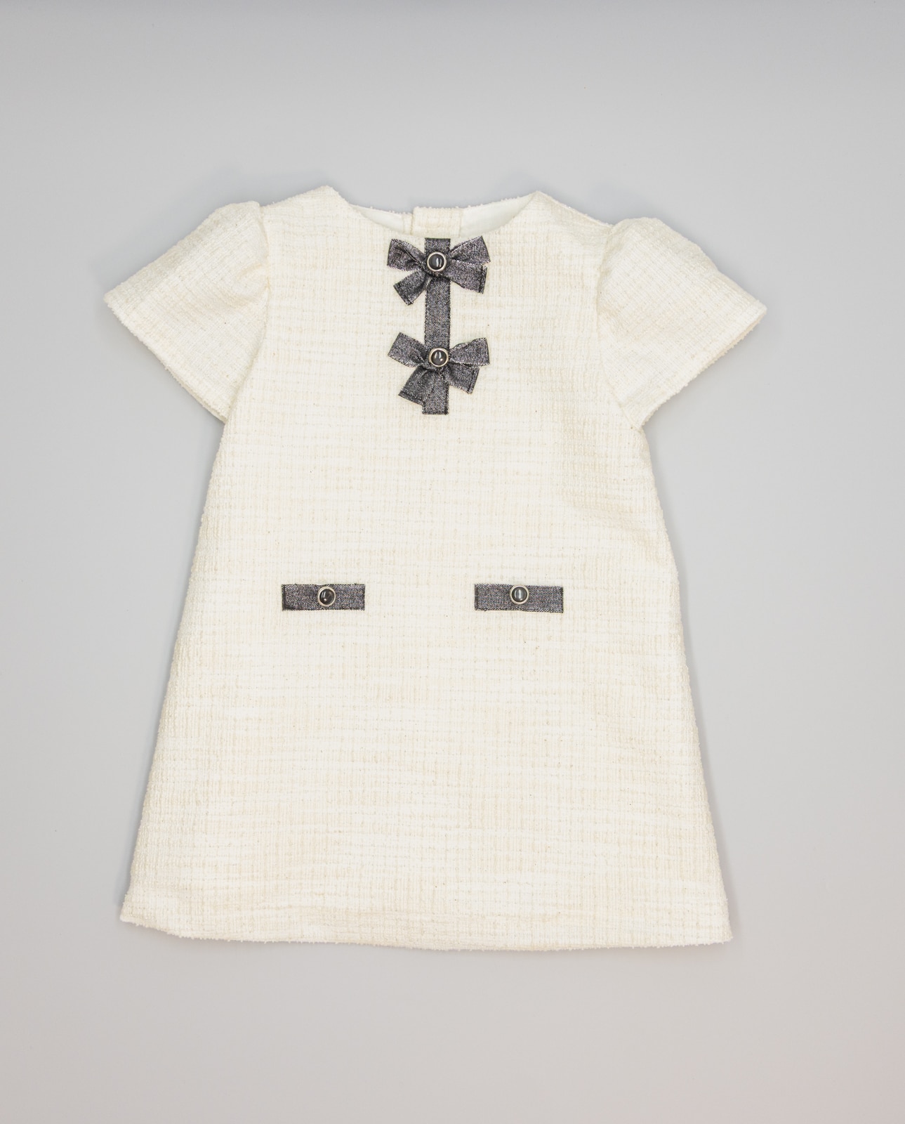 Imagem 0 de Vestido Evasé Bege de Tweed com Laços Metalizados