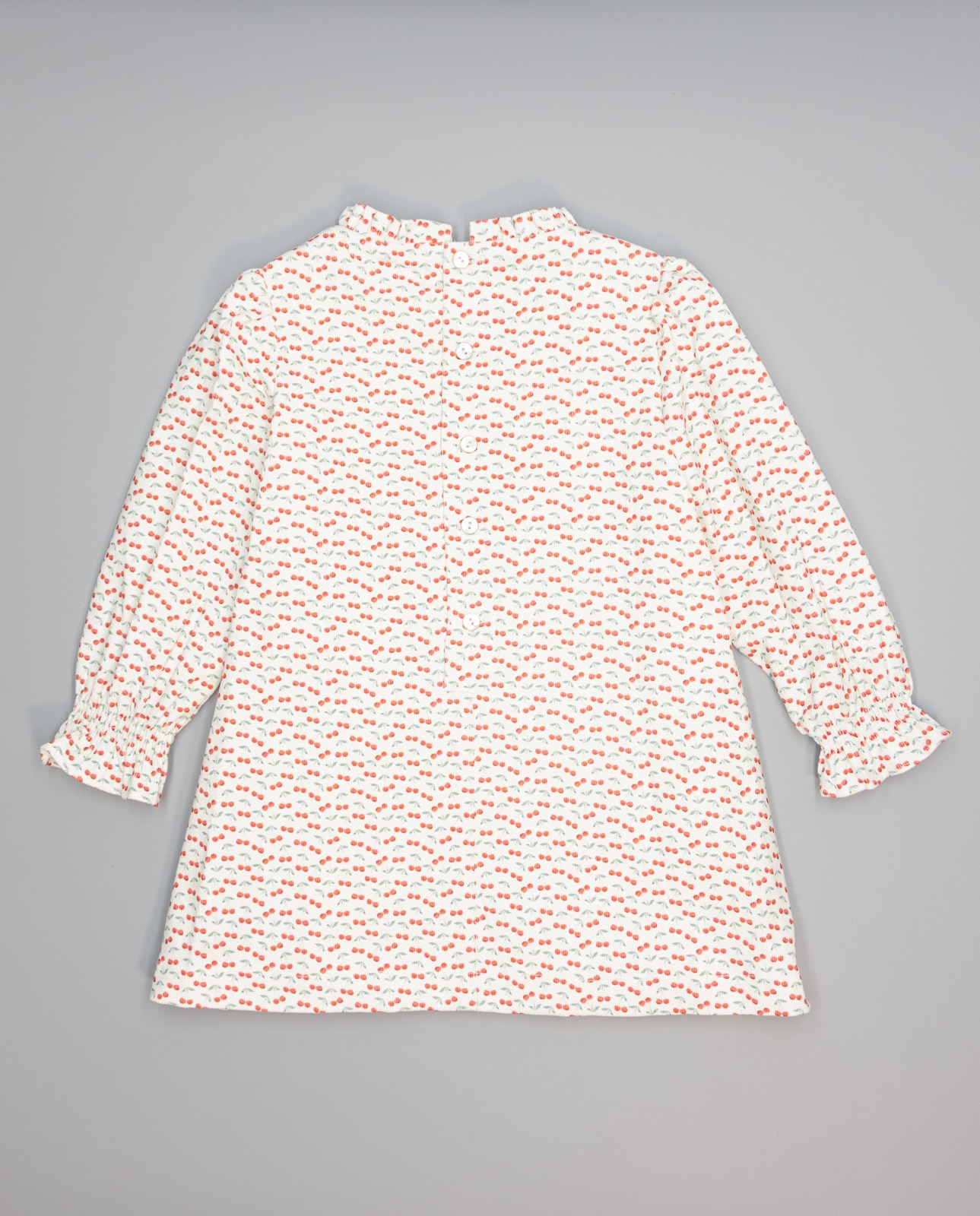 Vestido de Microbombazina de Cerejas com Ondulina e Folho na Gola Branco-2