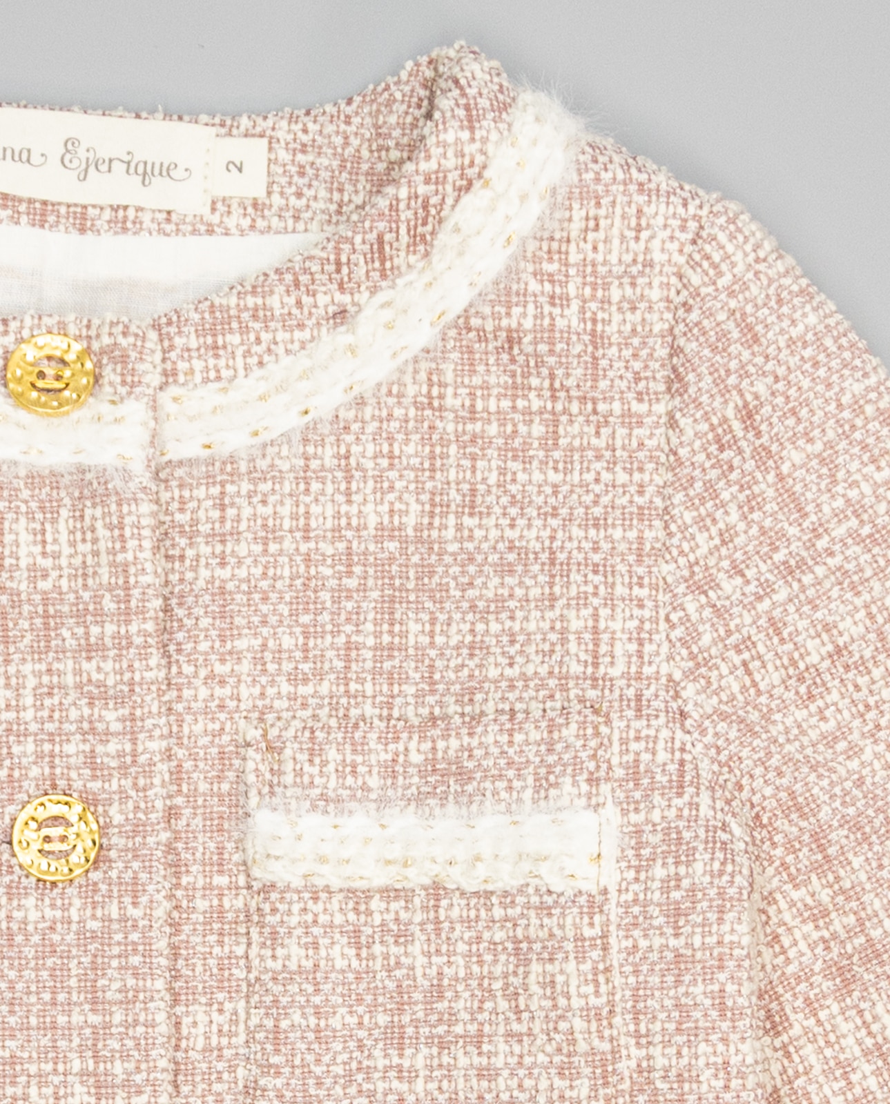Casaco Rosa de Tweed com Debrum de Mohair e Botões Dourados Rosa-3