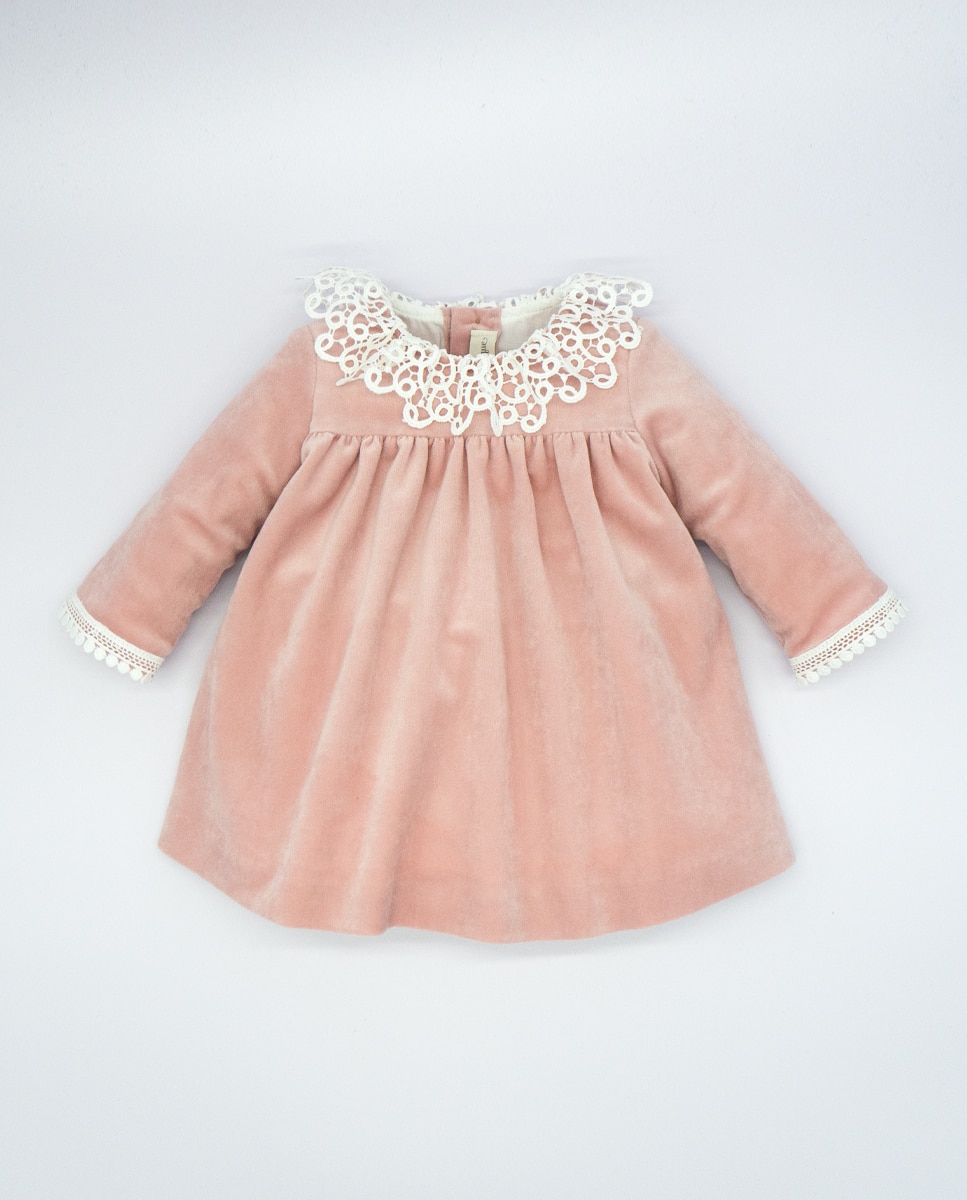 Imagem 0 de Vestido de Veludo com Peitilho e Gola de Guipur em Branco