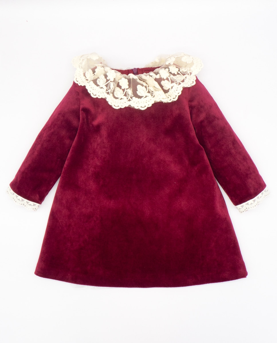 Vestido Bordeaux Evasé com Gola de Renda Grená-2