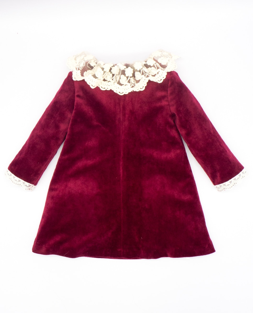 Vestido Bordeaux Evasé com Gola de Renda Grená-3