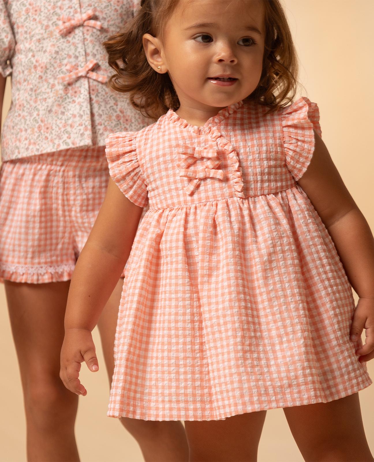 Vestido para Bebé Vichy com Laços Frontais Fina Ejerique Salmão-4